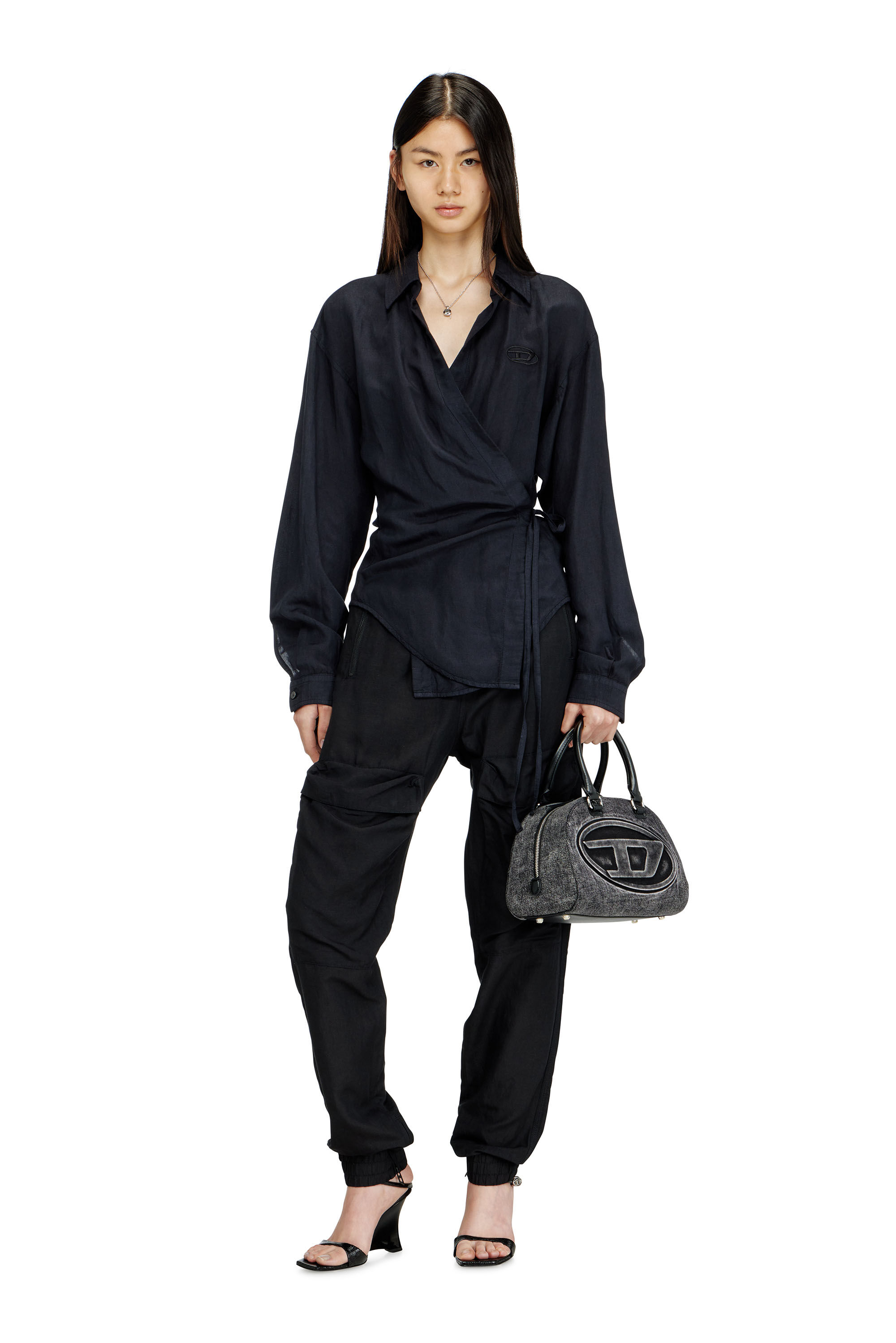 Diesel - C-DELPHOS-S3, Woman's Linen-blend shirt with wrap closure in Black - 1