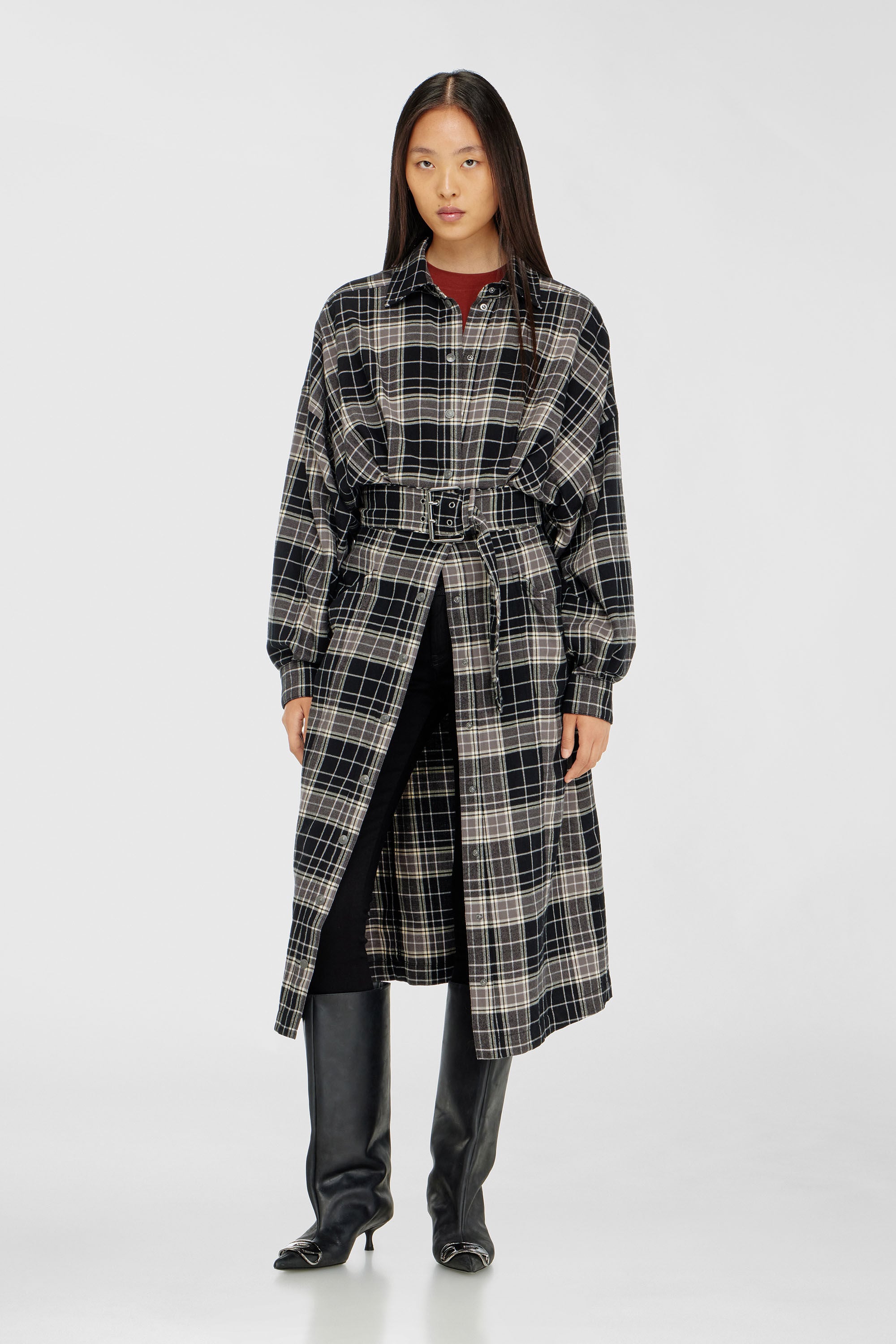 Diesel - D-EDALUS, Woman's Midi dress in check flannel with wide belt in Grey/Black - 3
