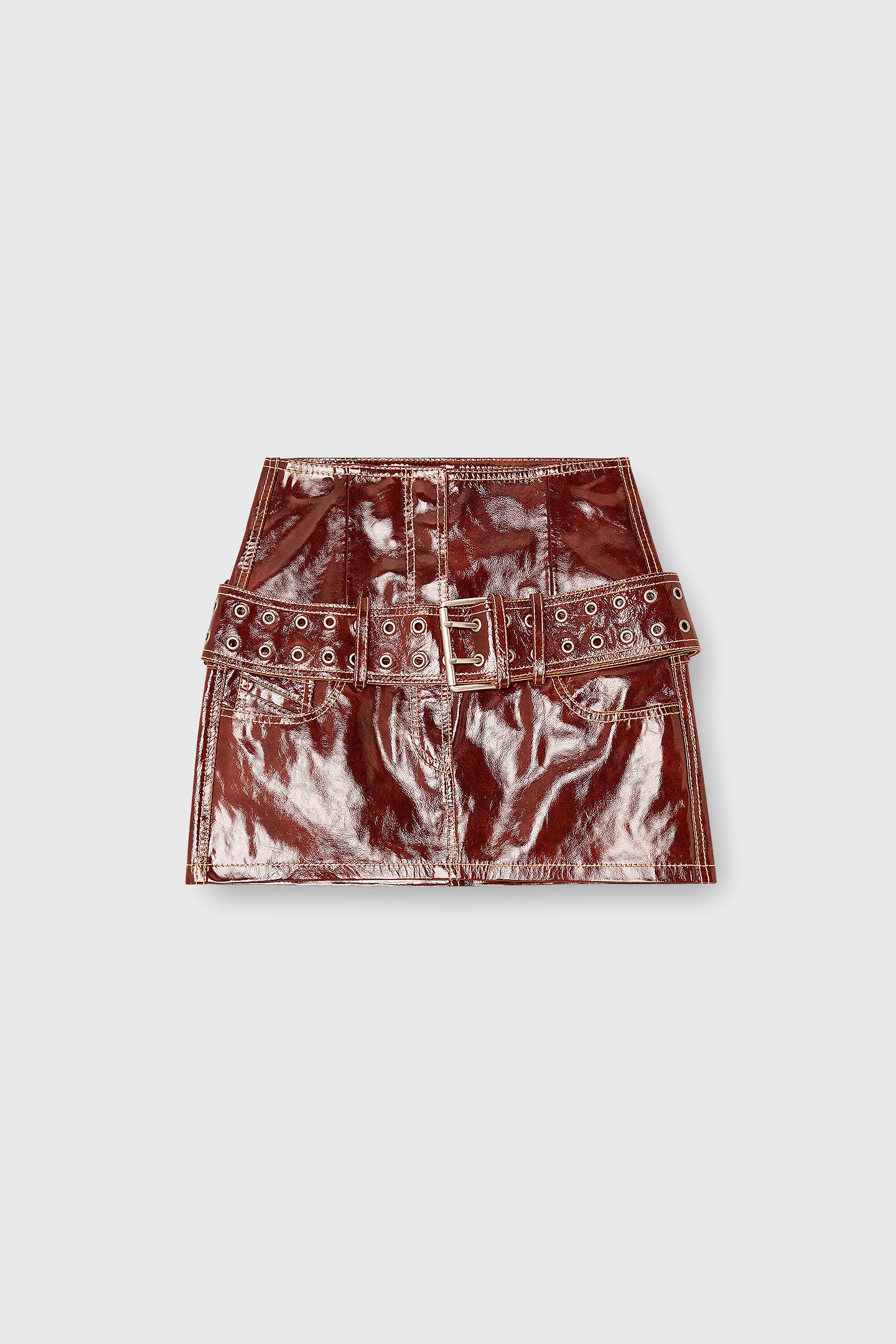 Diesel - L-EVANT, Woman's Patent-leather miniskirt with belt in Brown - 2