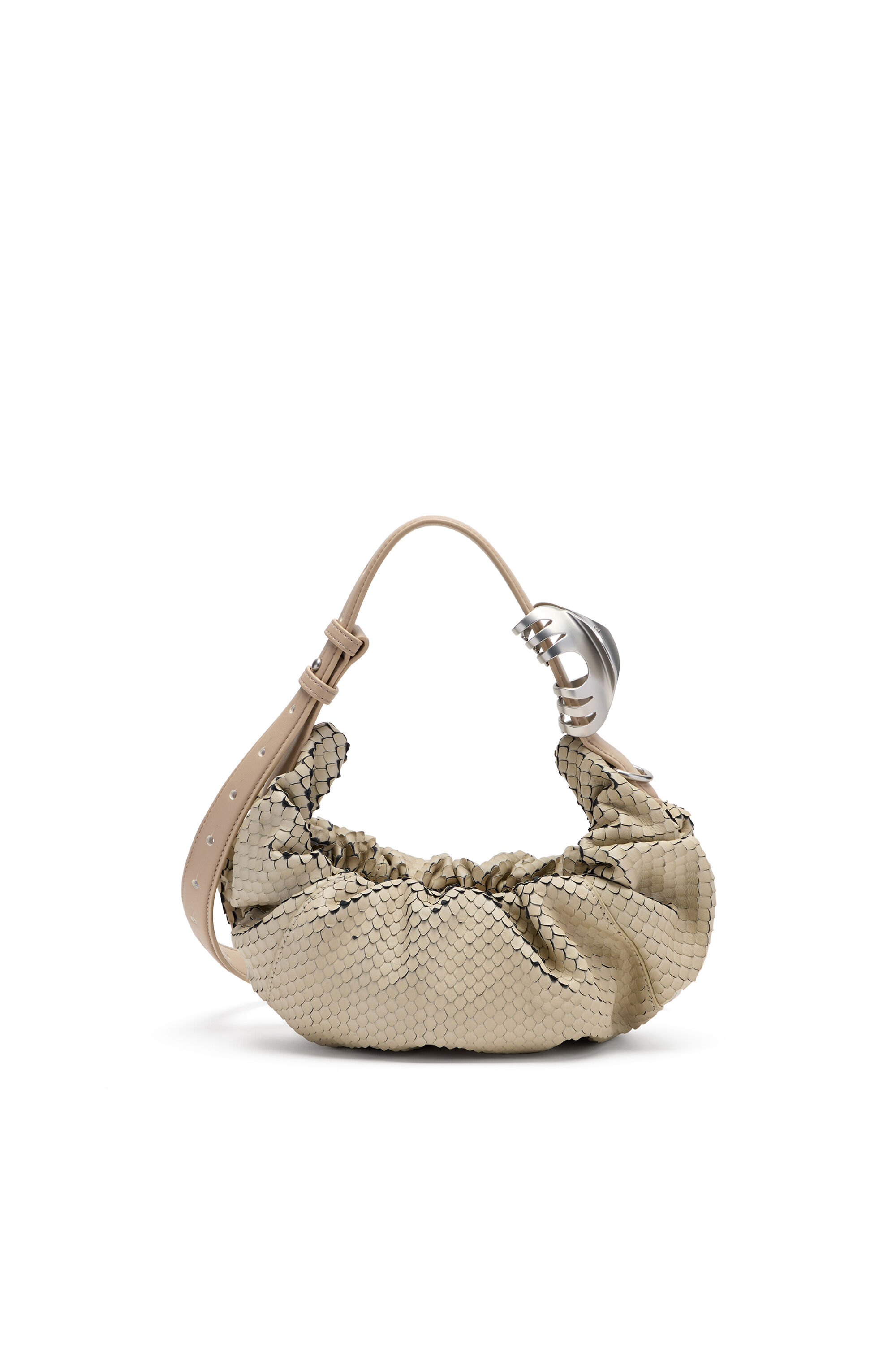 Diesel - GRAB-D HOBO S, Woman's Grab-D-Scrunched hobo bag in textured leather in Beige - 2