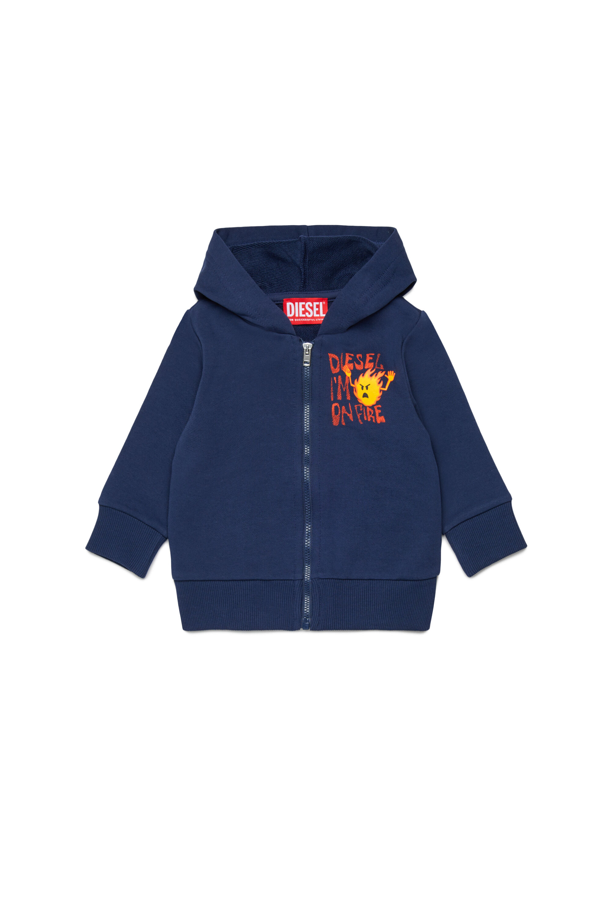 Diesel - SPILB, Man's Zipped hoodie in cotton with fire print in Blue - 1
