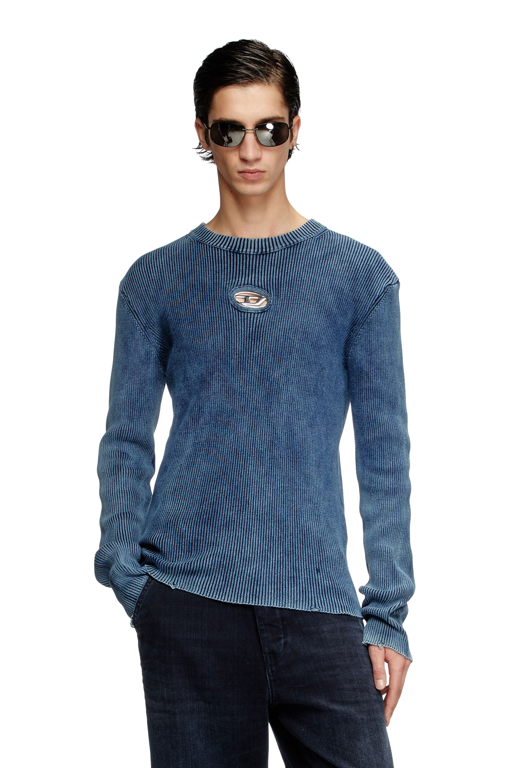 Men's Distressed jumper with cut-out logo | Blue | Diesel