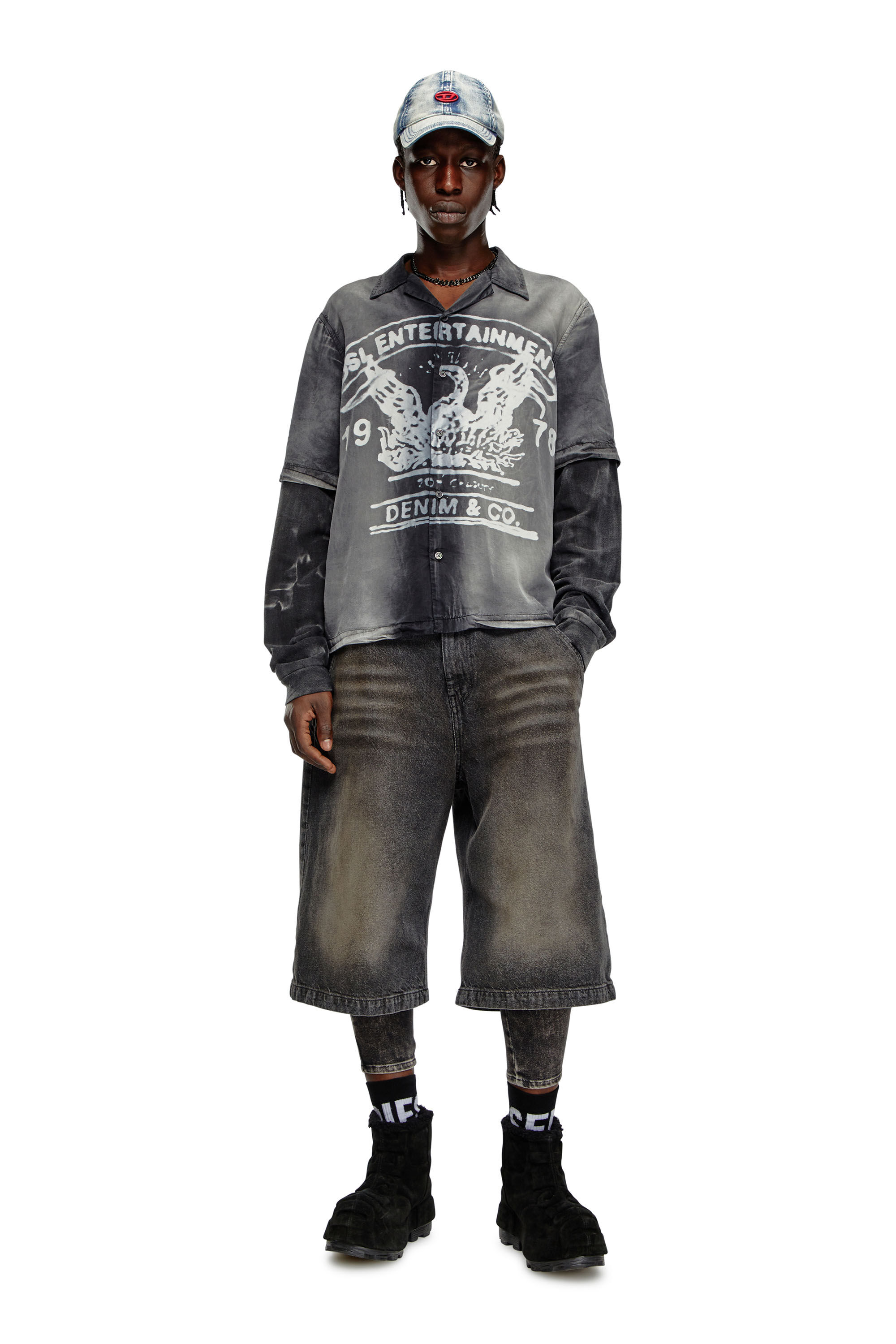 Diesel - S-EEKLO, Man's Faded bowling shirt with logo graphic in Black/Grey - 1