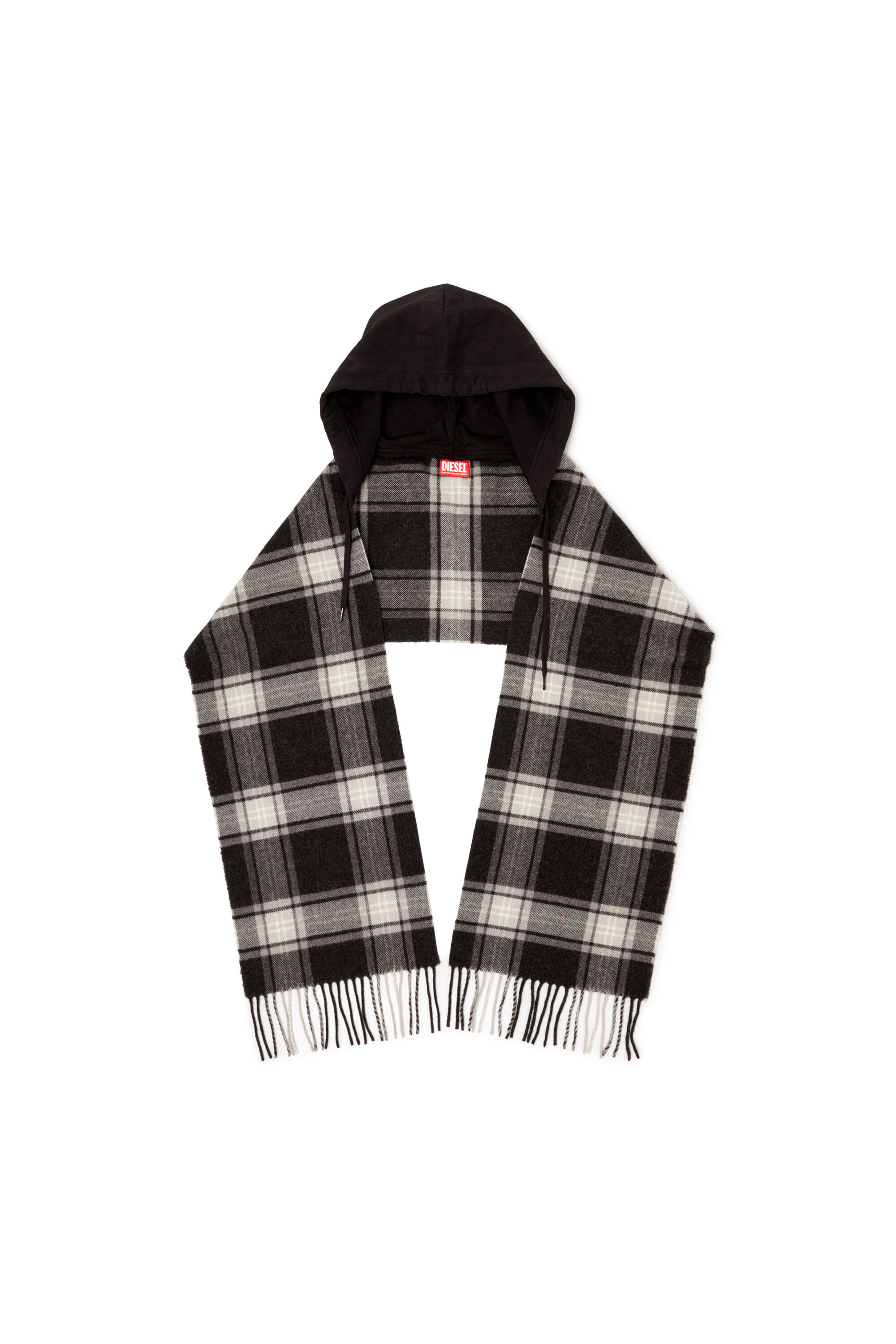 Diesel - S-CARHOOD, Man's Hooded wool-blend scarf with fringes in Black/White - 1