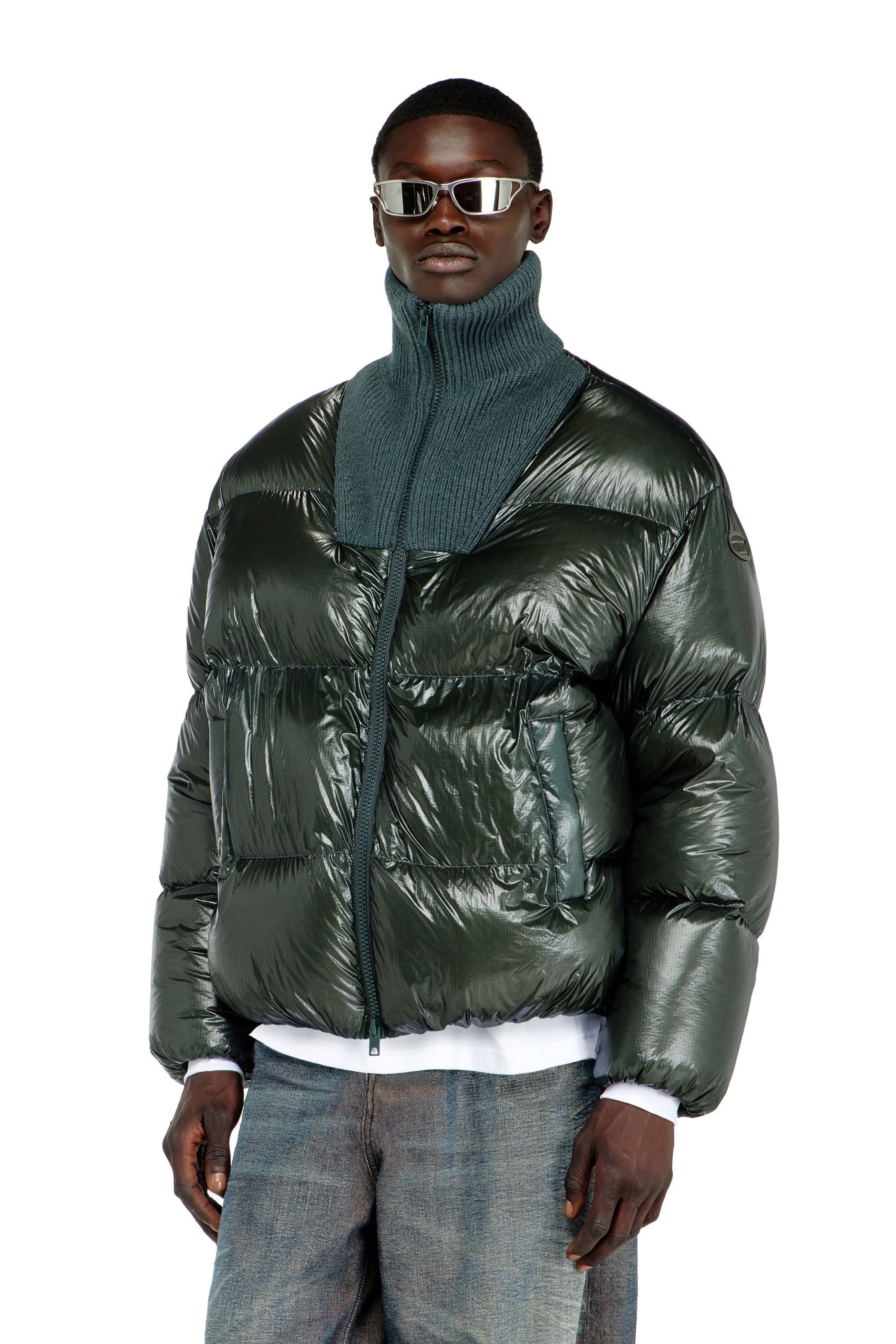Diesel - W-RIBB, Man's Down puffer jacket in ripstop with ribbed collar in Dark Green - 3