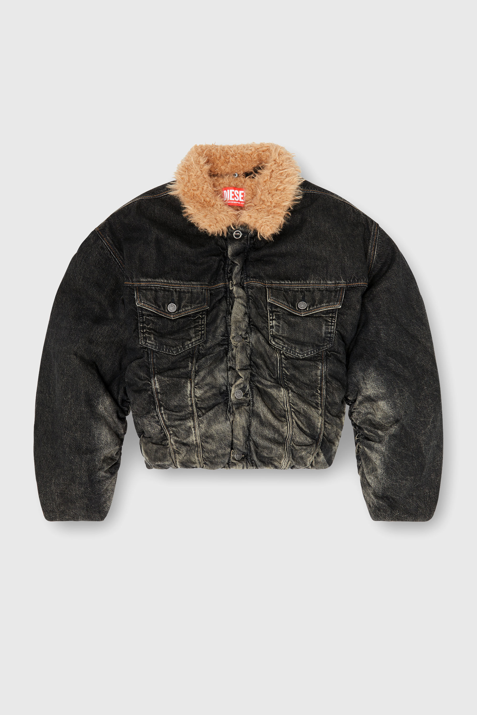 Diesel - D-CURLY-FSJ, Unisex's Teddy-lined trucker jacket in dirty-effect denim in Black/Dark grey - 2