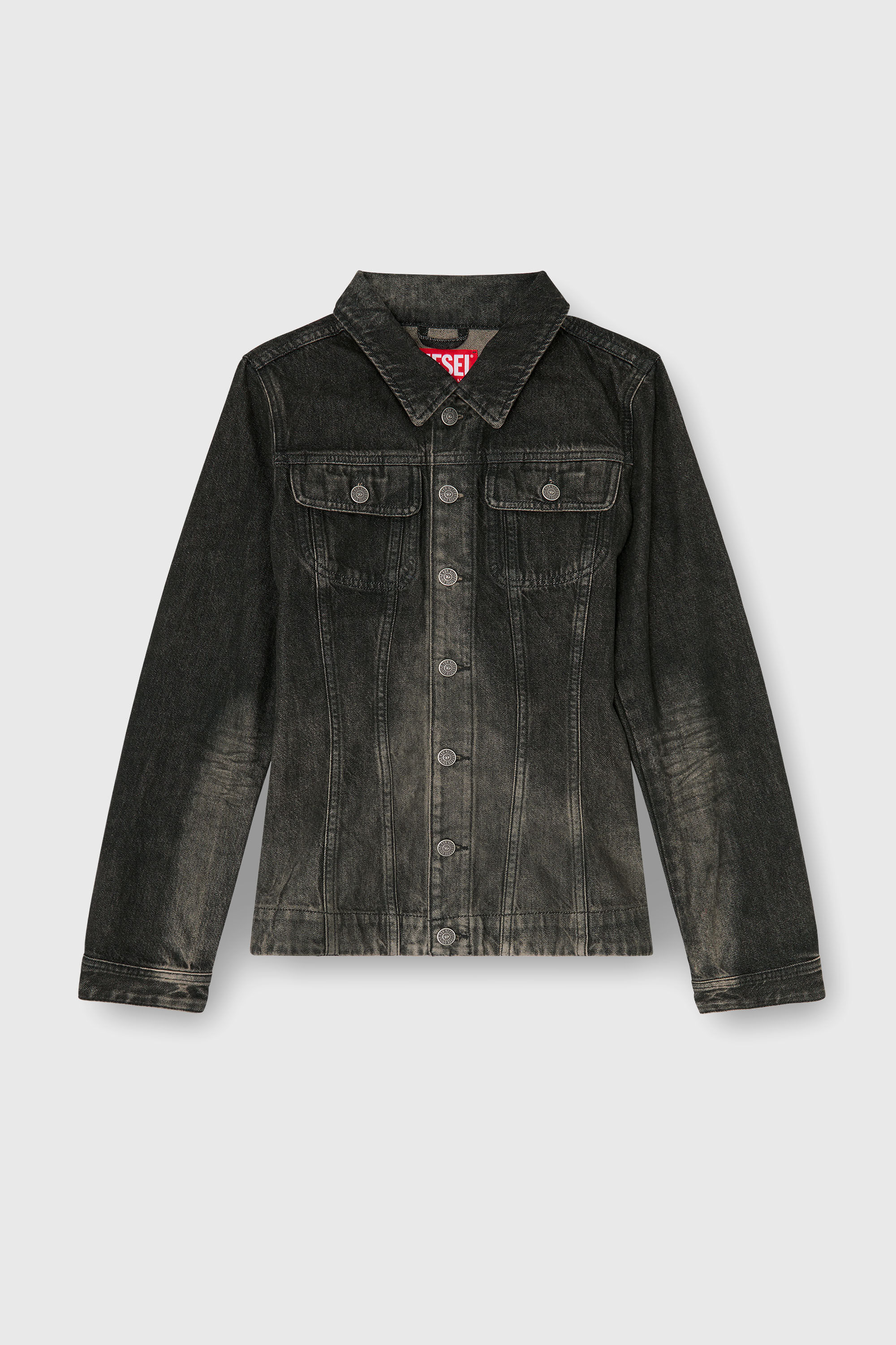 Diesel - DE-KATERIN-FSJ, Woman's Fitted trucker jacket in dirty-effect denim in Black/Dark grey - 2