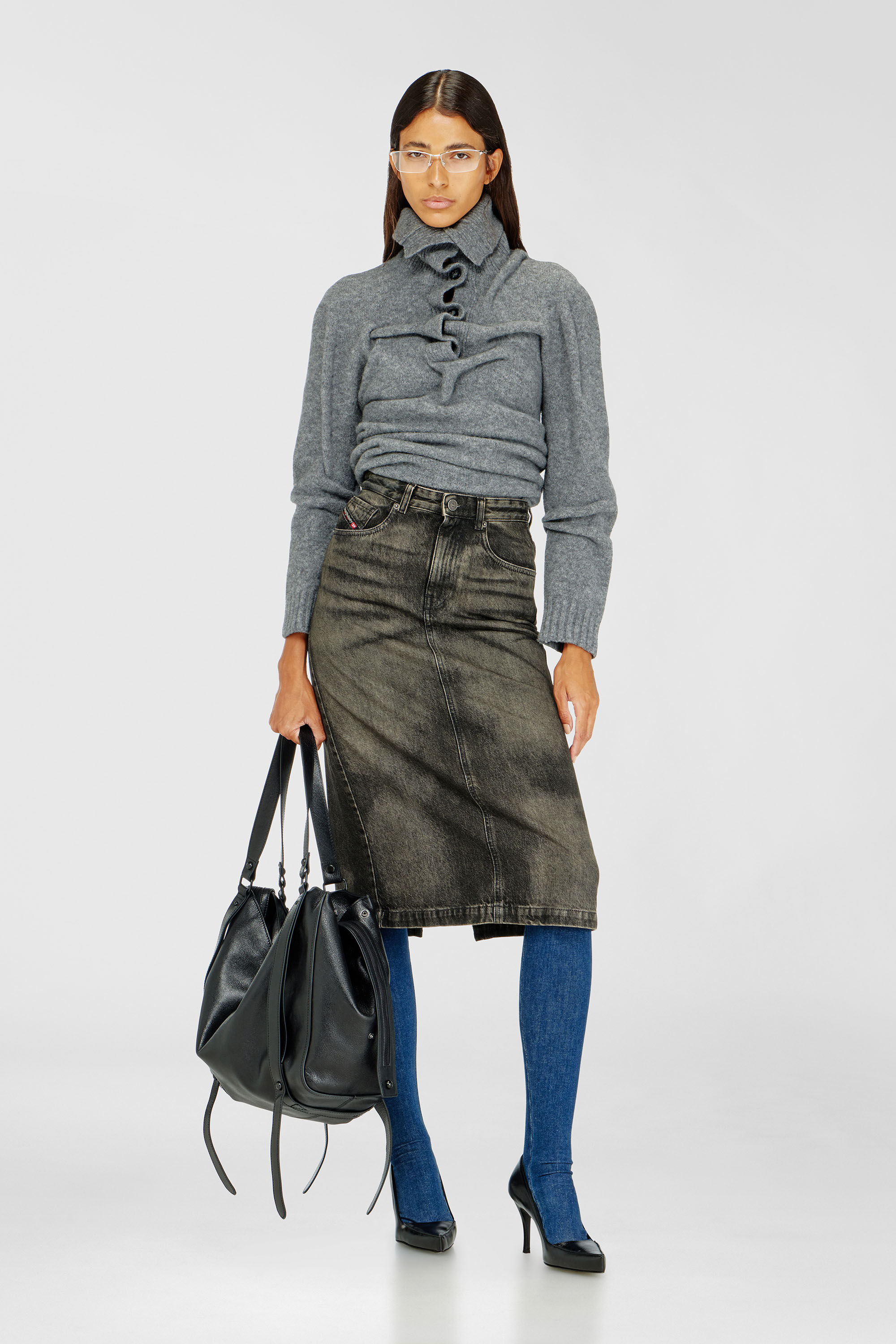 Women's Pencil skirt in dirty-effect denim | Grey | Diesel {{Country}}