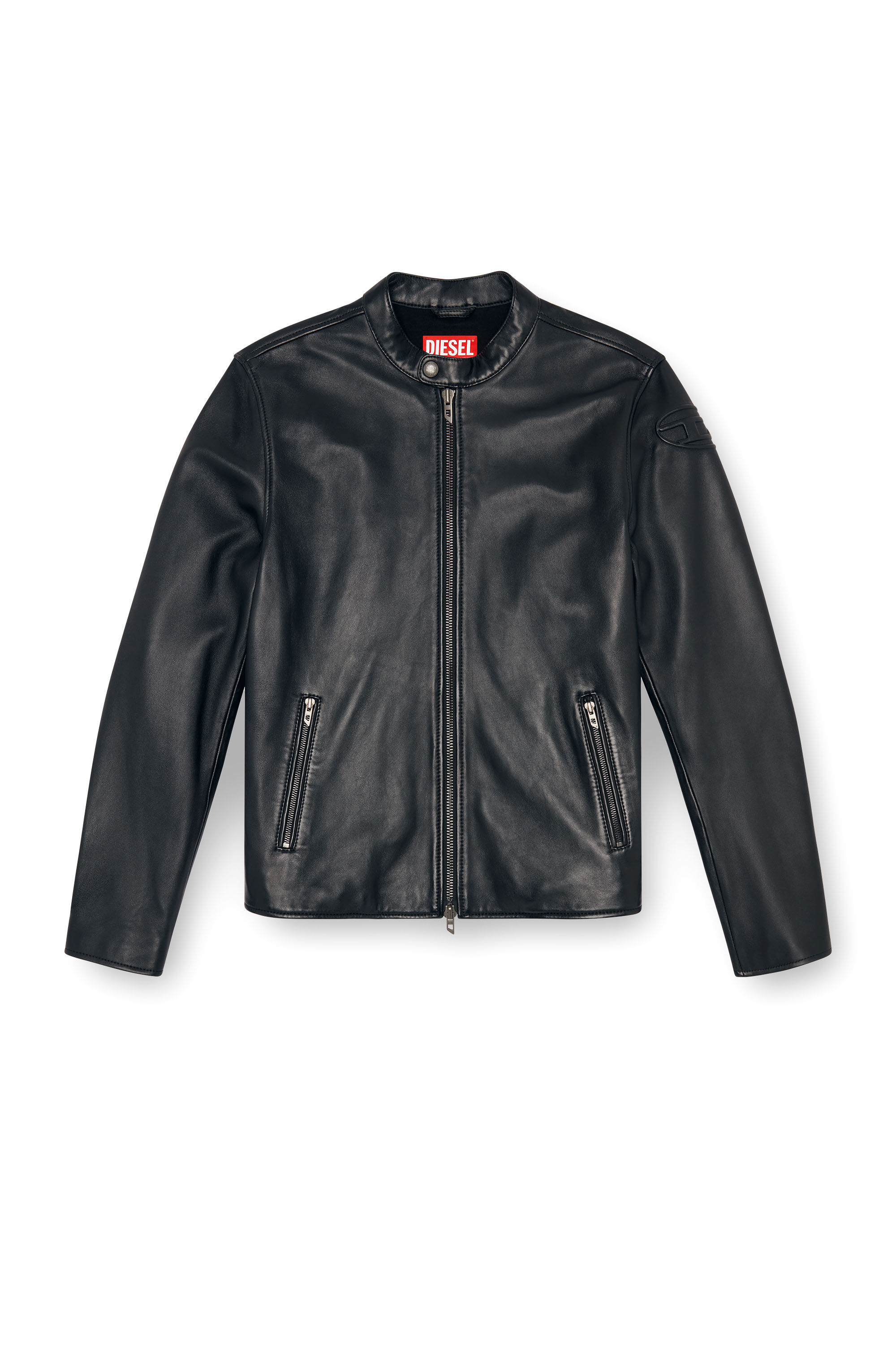 Diesel - L-CARVER, Man Leather biker jacket with embossed logo in Black - Image 2