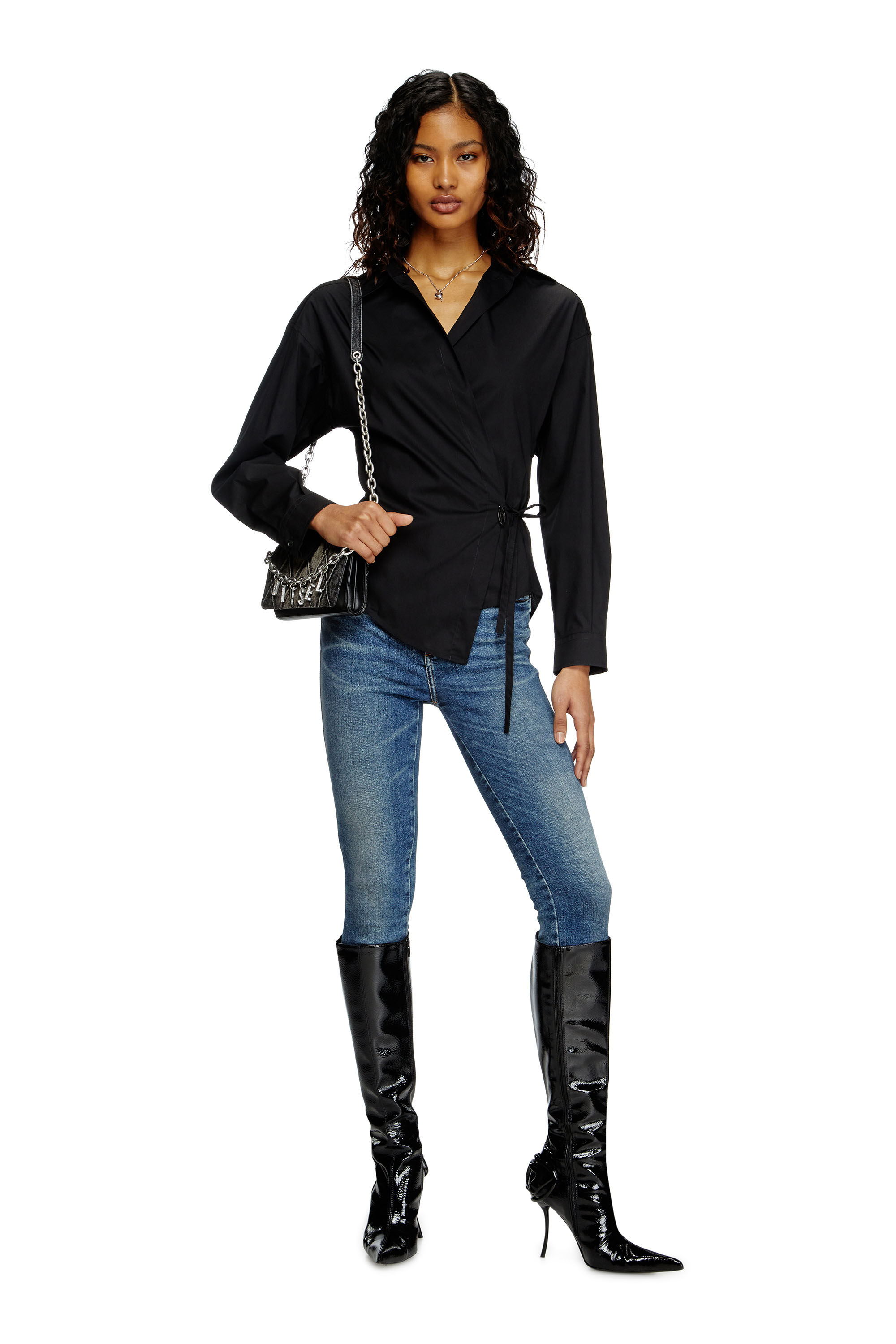 Diesel - C-DELPHI, Woman's Wrap shirt with logo charm in Black - 1