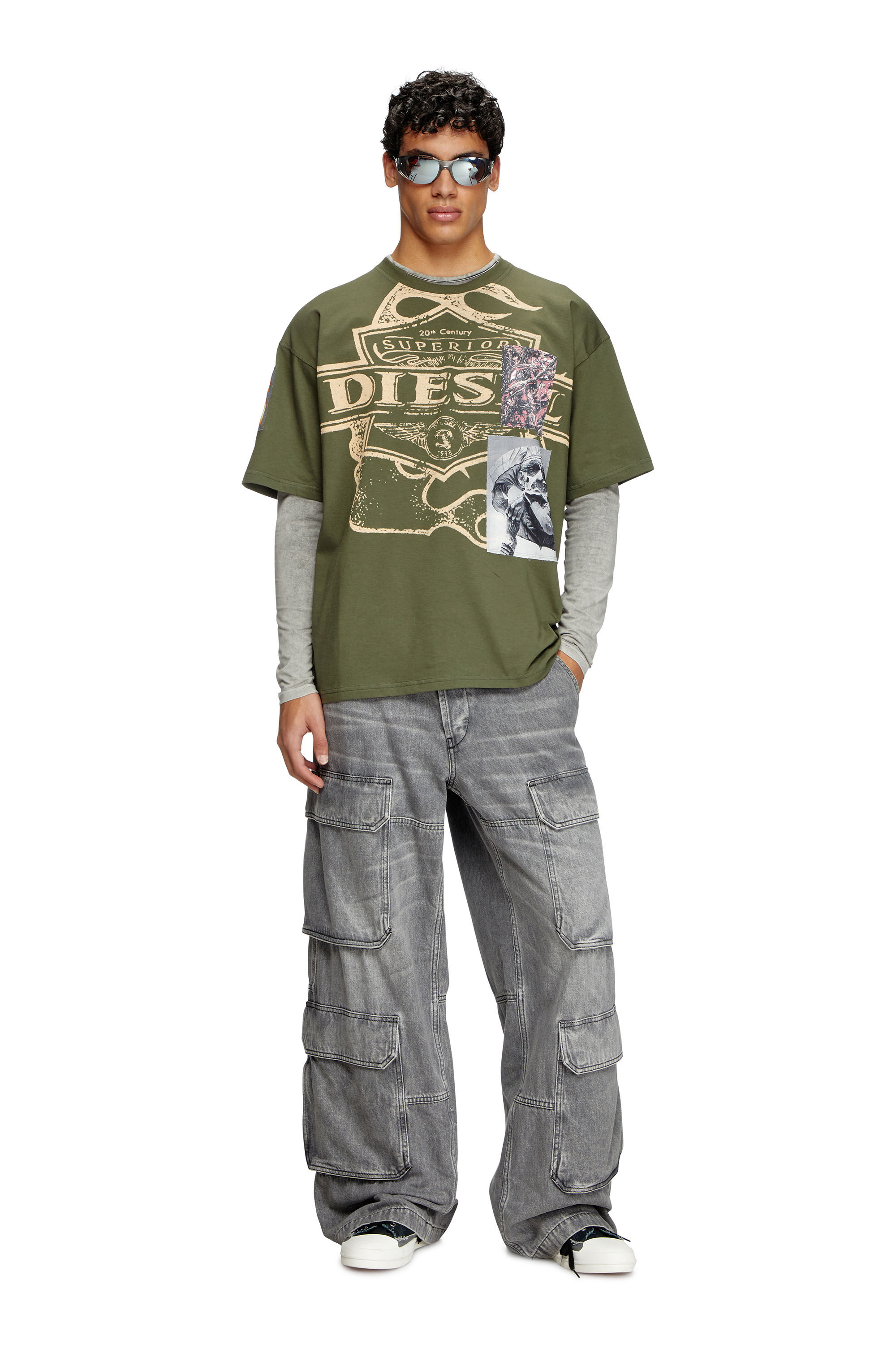 Diesel - T-BOXT-SLITS-R8, Man's T-shirt with patch detail in Olive Green - 1