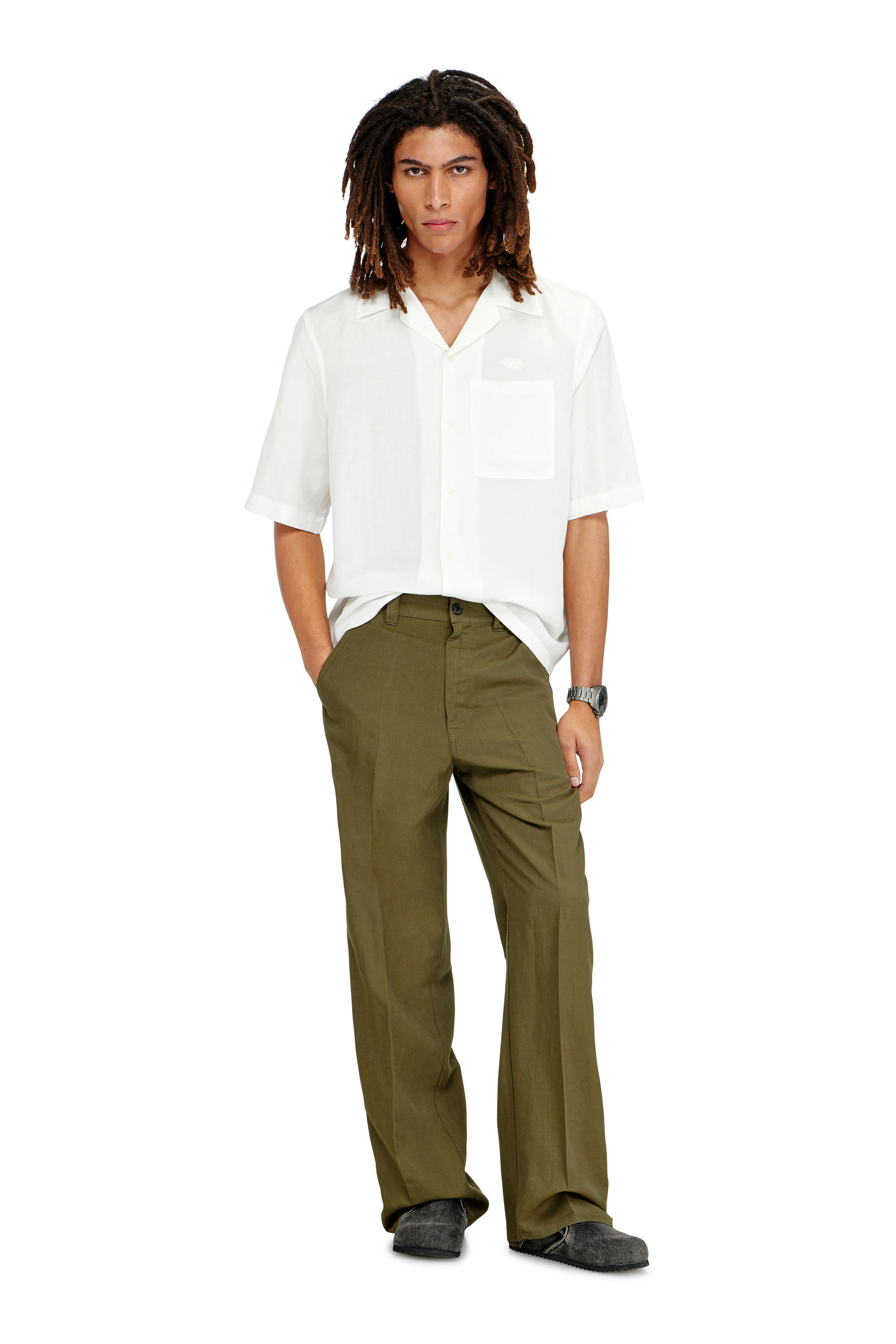 Diesel - P-HANT-CHINO-PGBS, Man's Linen-blend pants with wide leg in Green - 1