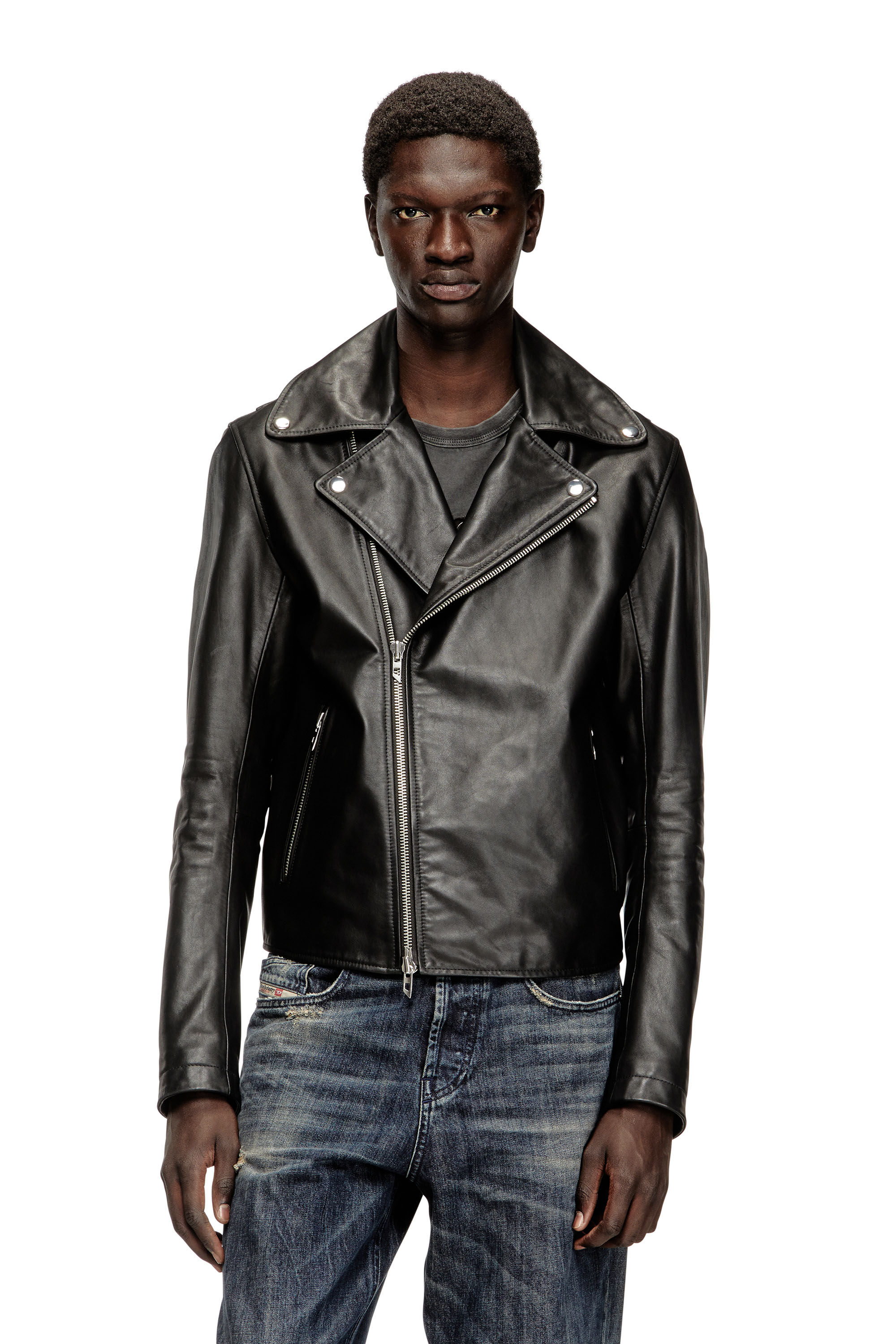 (週末価格)DIESEL ブラック ライダースジャケット Men's Biker jacket in waxed leather | Black | Diesel NO