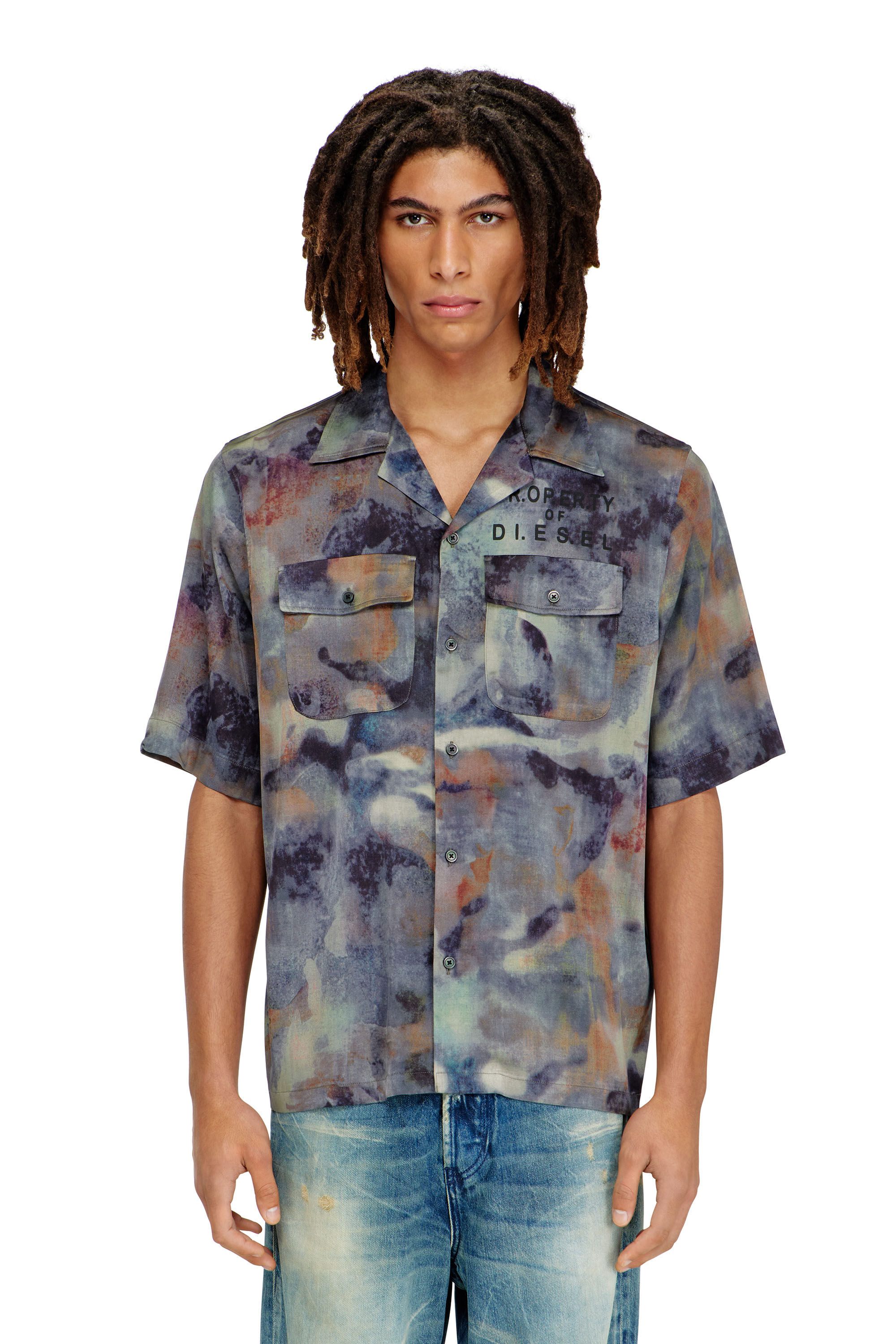 Diesel - S-BRACK-DMBN, Man's Satin shirt with all-over camo print in Blue/Brown - 3
