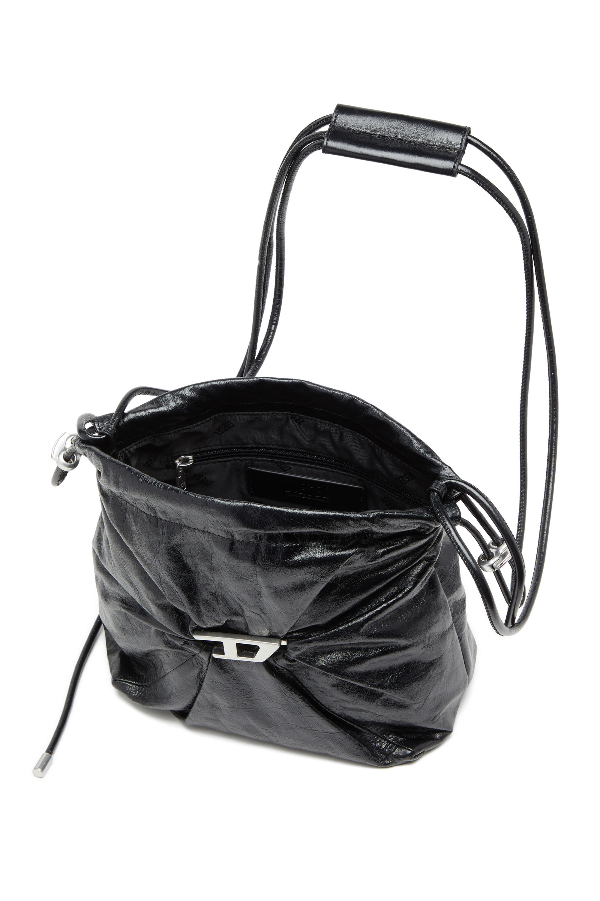Women's Scrunch-D-Bucket bag in shiny wrinkled leather | Black