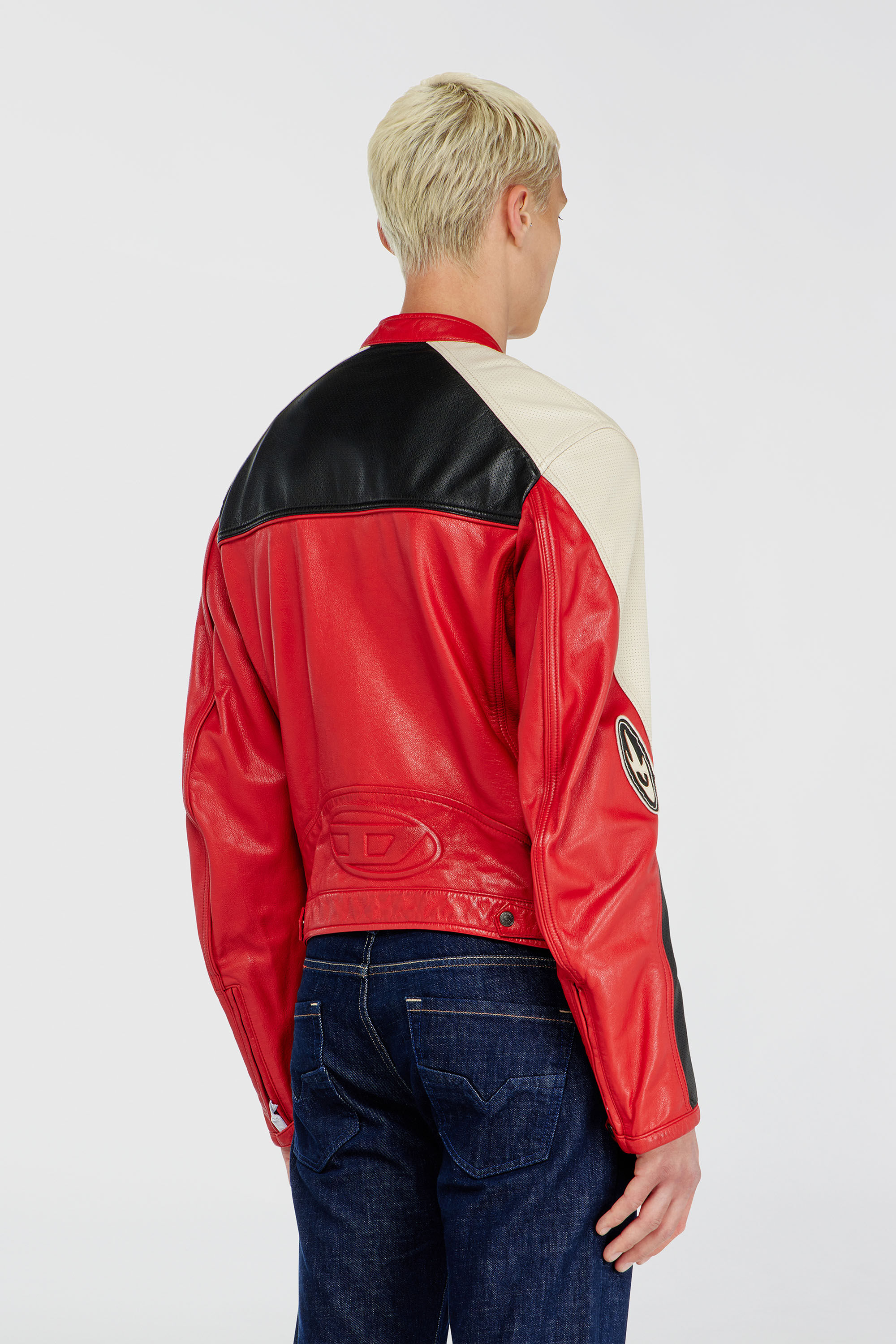 Diesel - L-AHTI, Man's Biker jacket in colour-block perforated leather in Beige/Red - 4