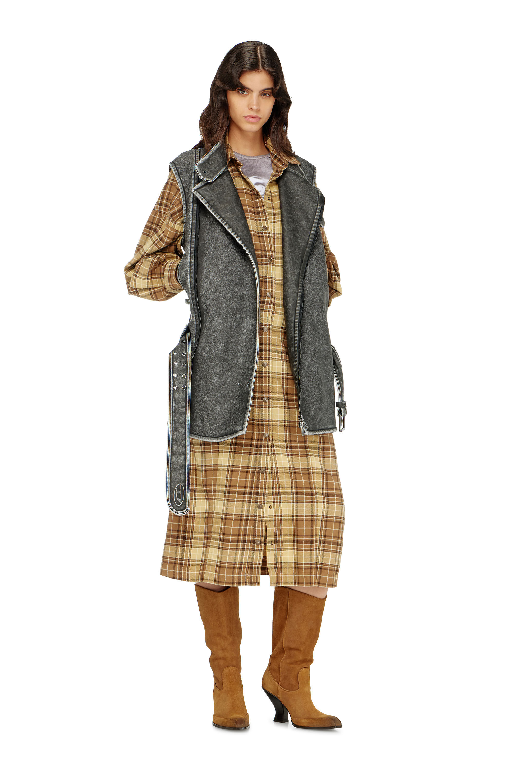 Diesel - D-EDALUS, Woman's Midi dress in check flannel with wide belt in null - 1