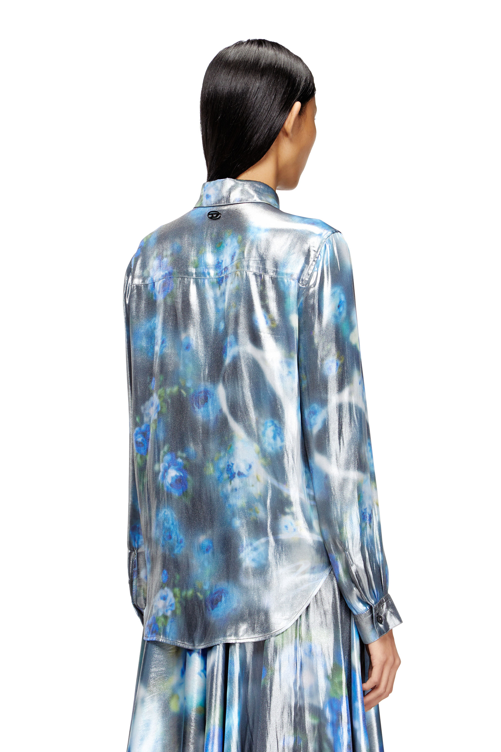 Diesel - C-RONOR-S2, Woman's Metallic shirt with blurred roses print in Blue - 4