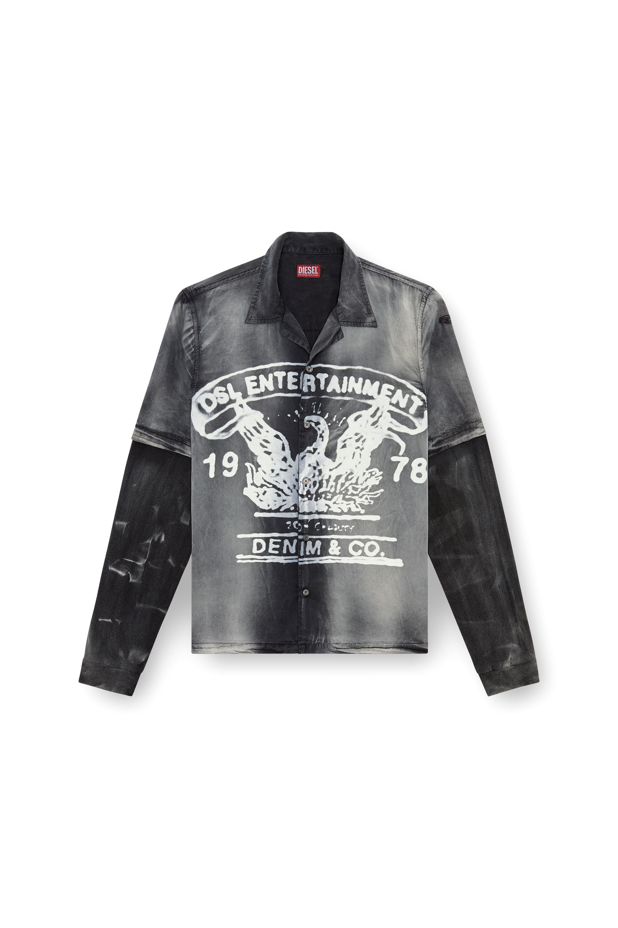 Diesel - S-EEKLO, Man's Faded bowling shirt with logo graphic in Black/Grey - 2