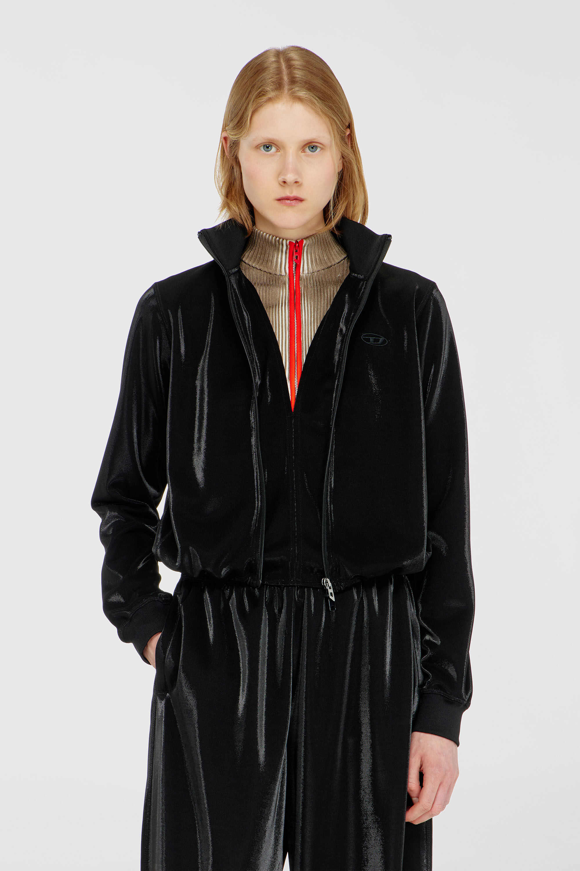 Women's Zipped sweatshirt with shiny piquet effect | Black