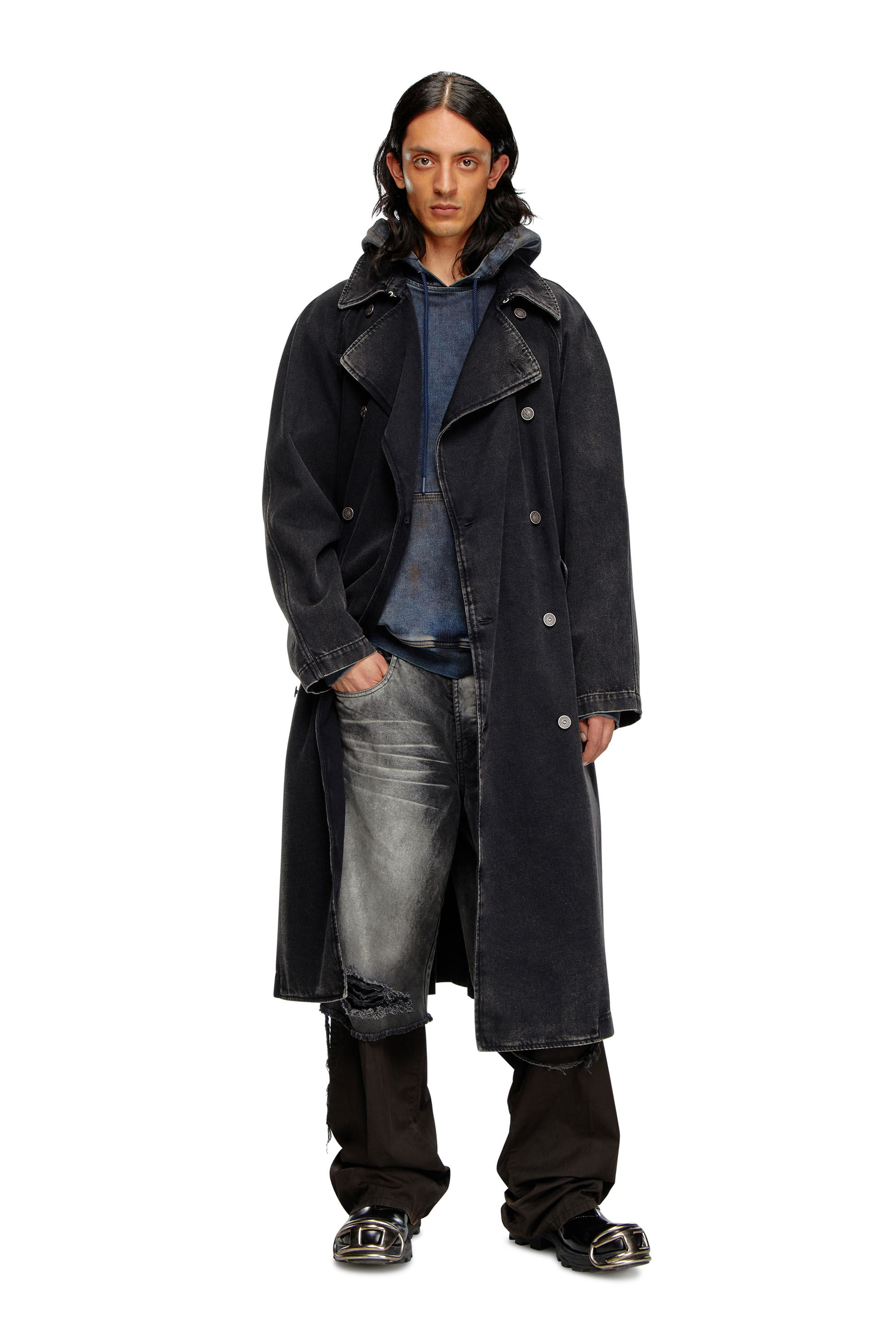 Men's long denim trench coat hot sale