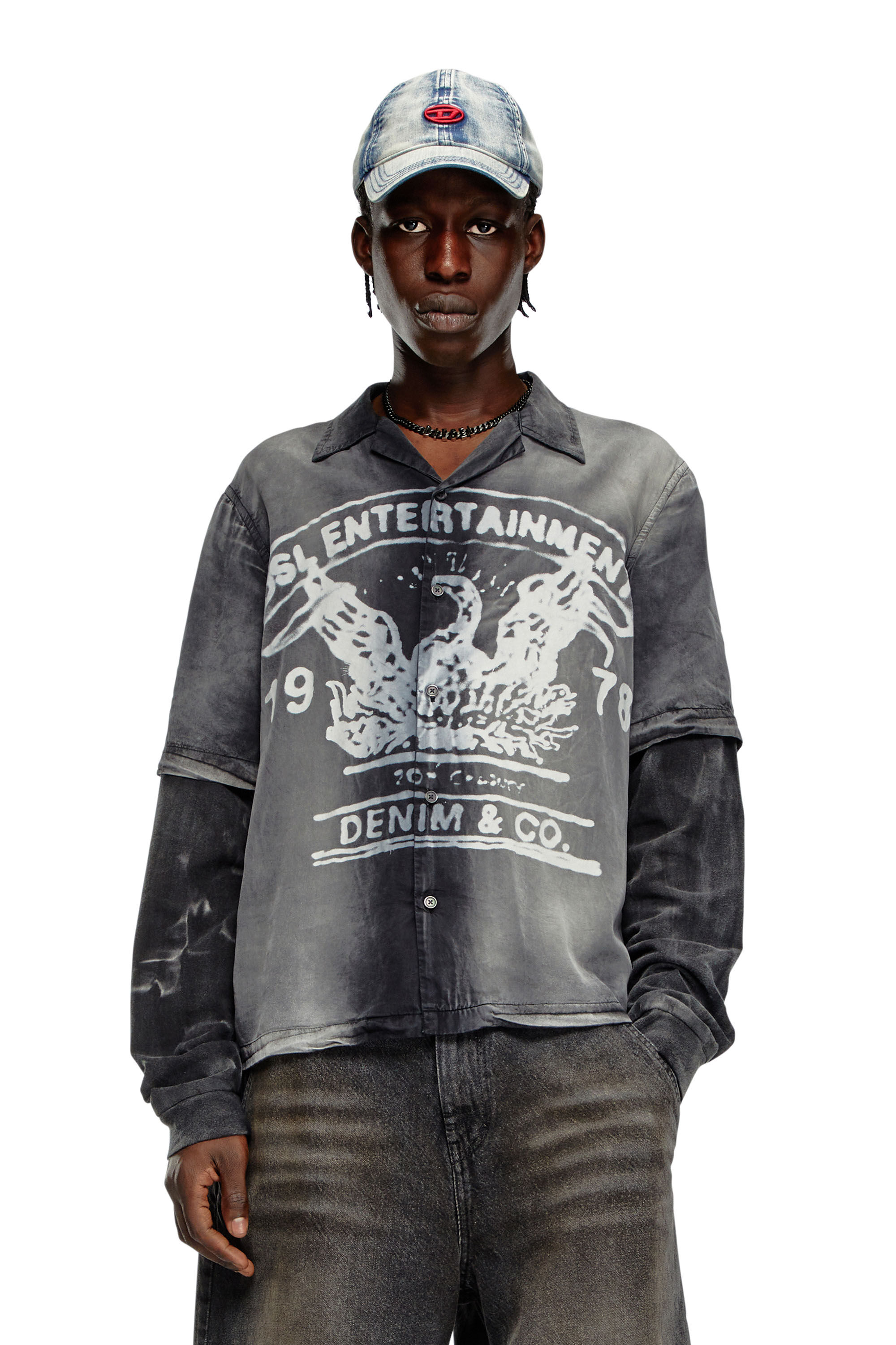 Diesel - S-EEKLO, Man's Faded bowling shirt with logo graphic in Black/Grey - 3