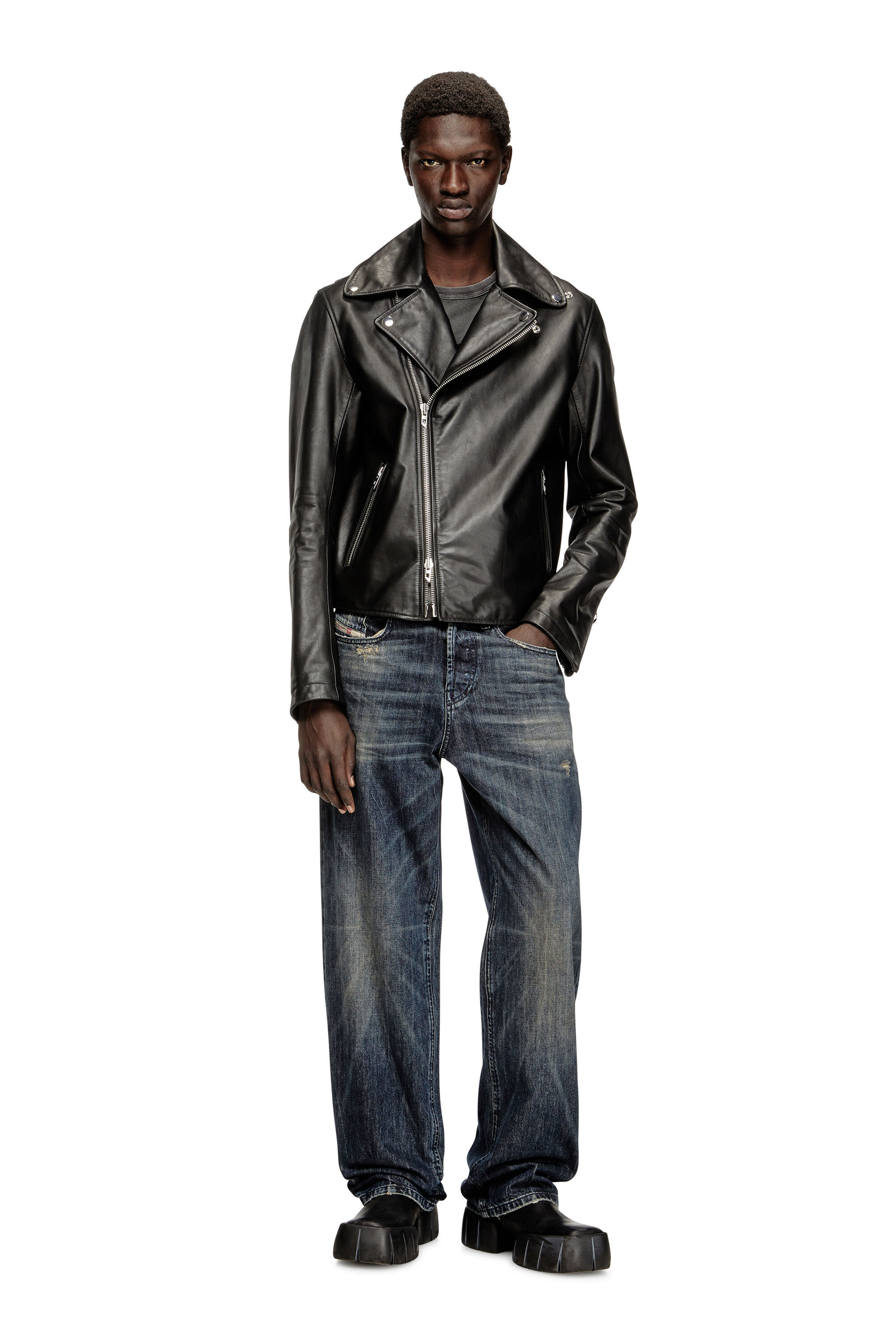 Men's Biker jacket in waxed leather | Black | Diesel NO
