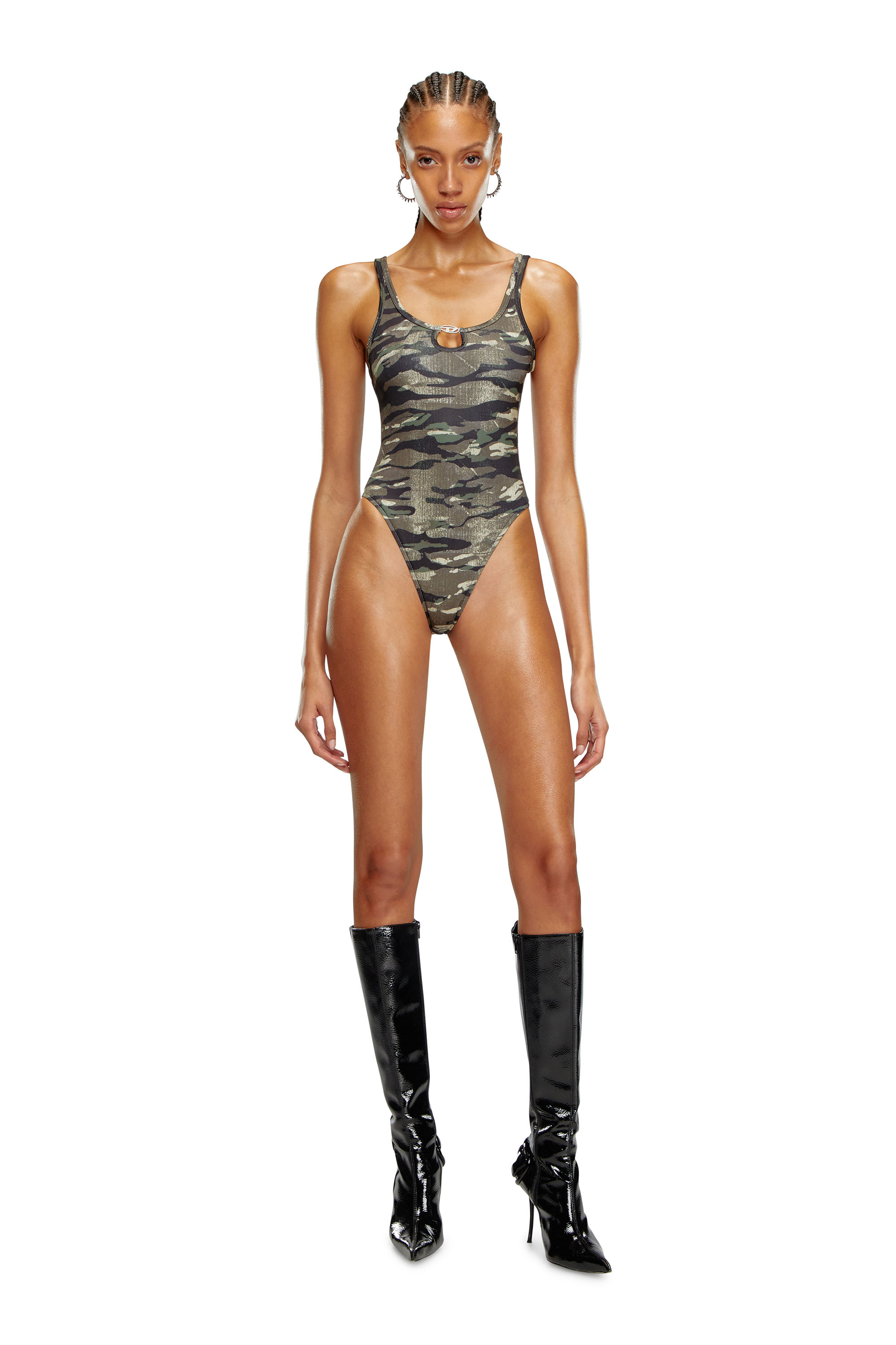 Diesel - BFSW-UT-BODY, Woman's Ribbed swimsuit with camo print in Green Camouflage - 2