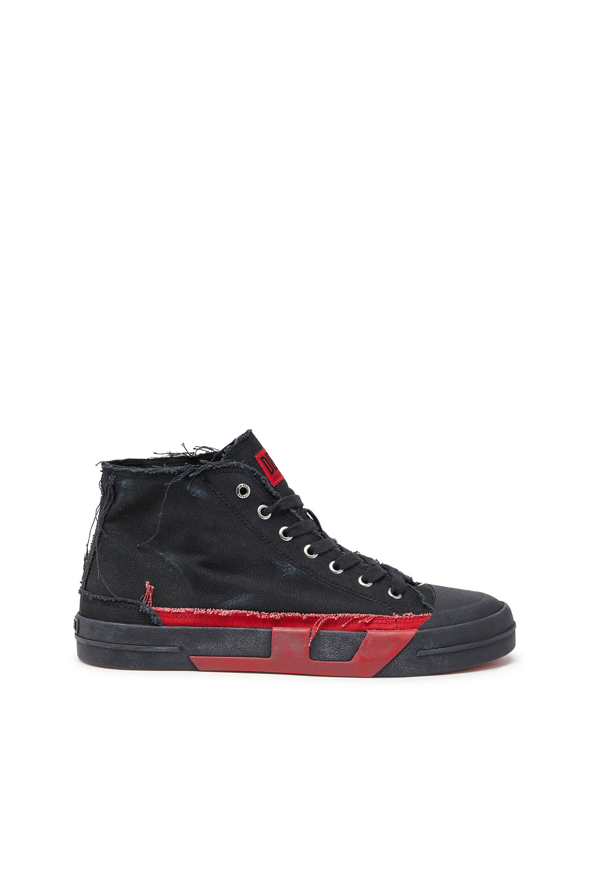 Diesel - S-D-VERSE MID II, Man's S-D-Verse-Distressed high-top sneakers in canvas in Black/Red - 1