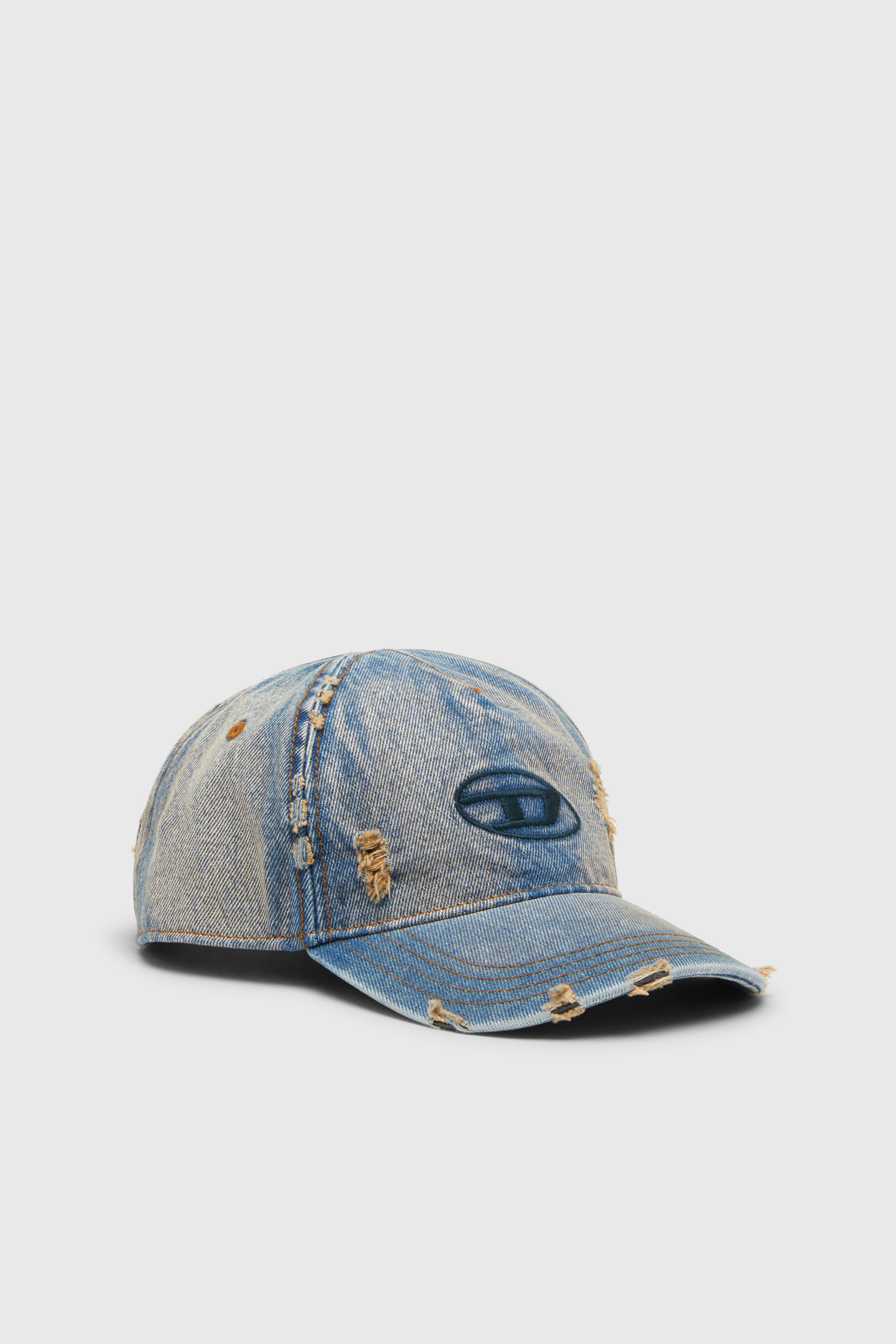 Denim cap with frayed details and embroidered logo
