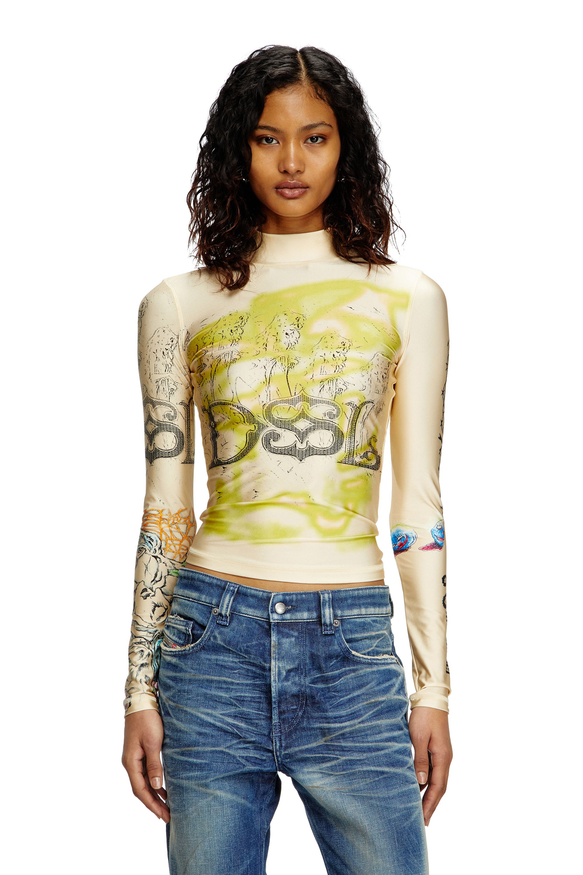 Diesel - T-IMUN, Woman's Turtleneck top with tattoo print in Beige - 1