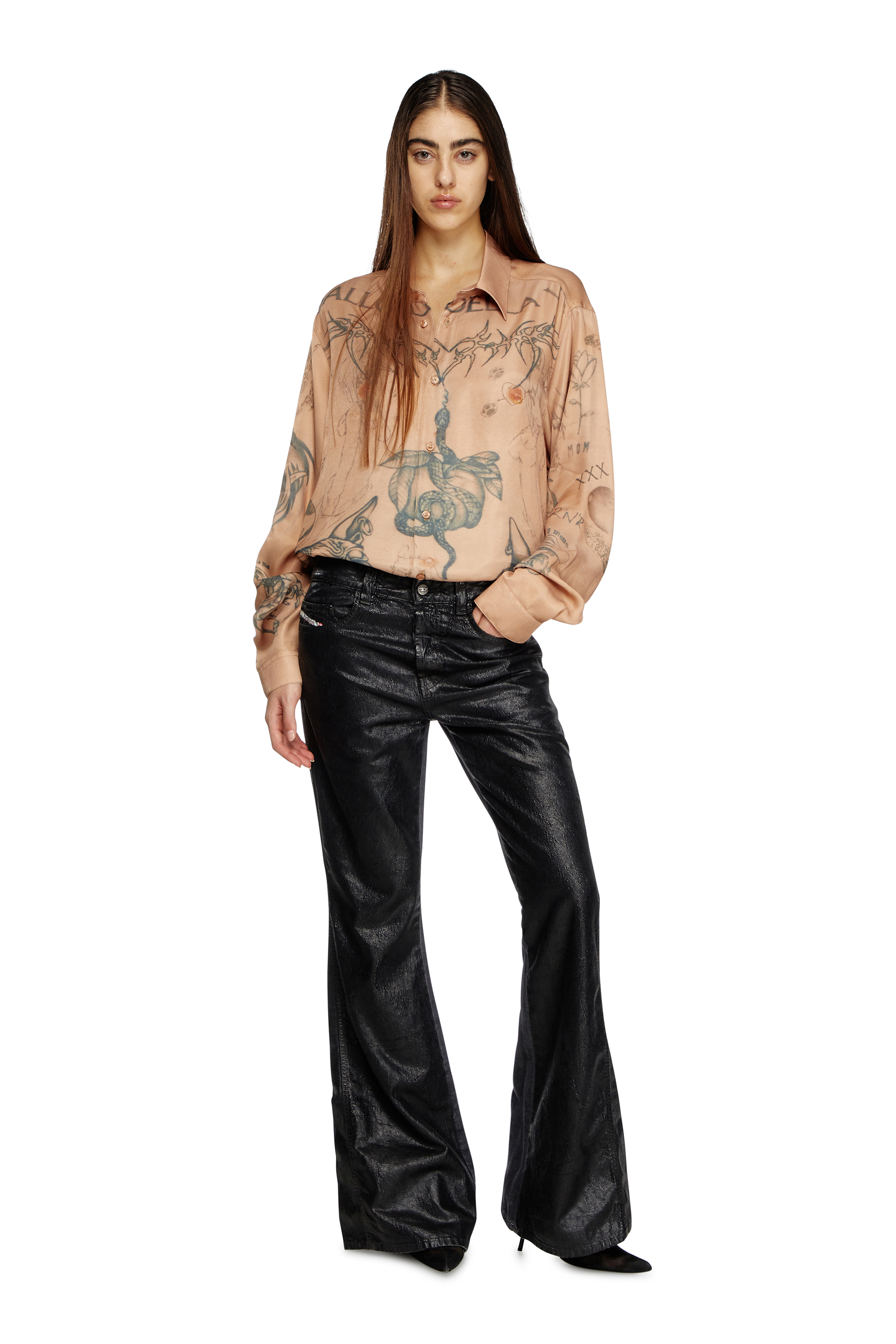 Diesel - S-SIMPLY-TTO-DD, Unisex's Fluid satin shirt with tattoo print in Beige - 6