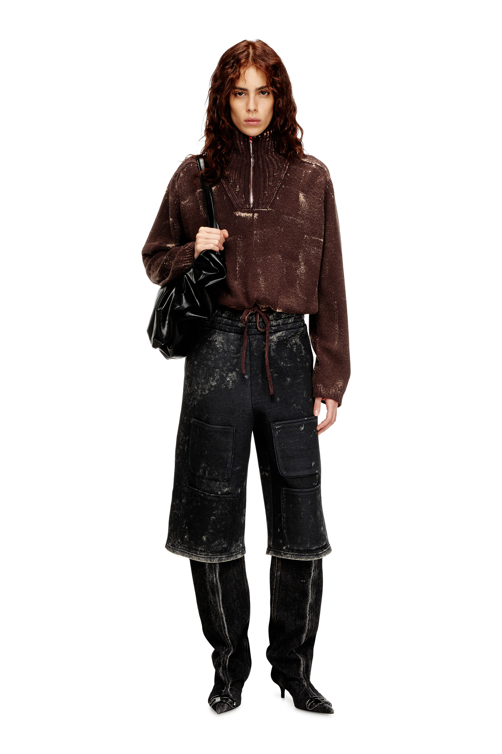 Diesel - S-TYP, Unisex's Wide-leg shorts in marble-effect scuba in Black/Dark grey - 2