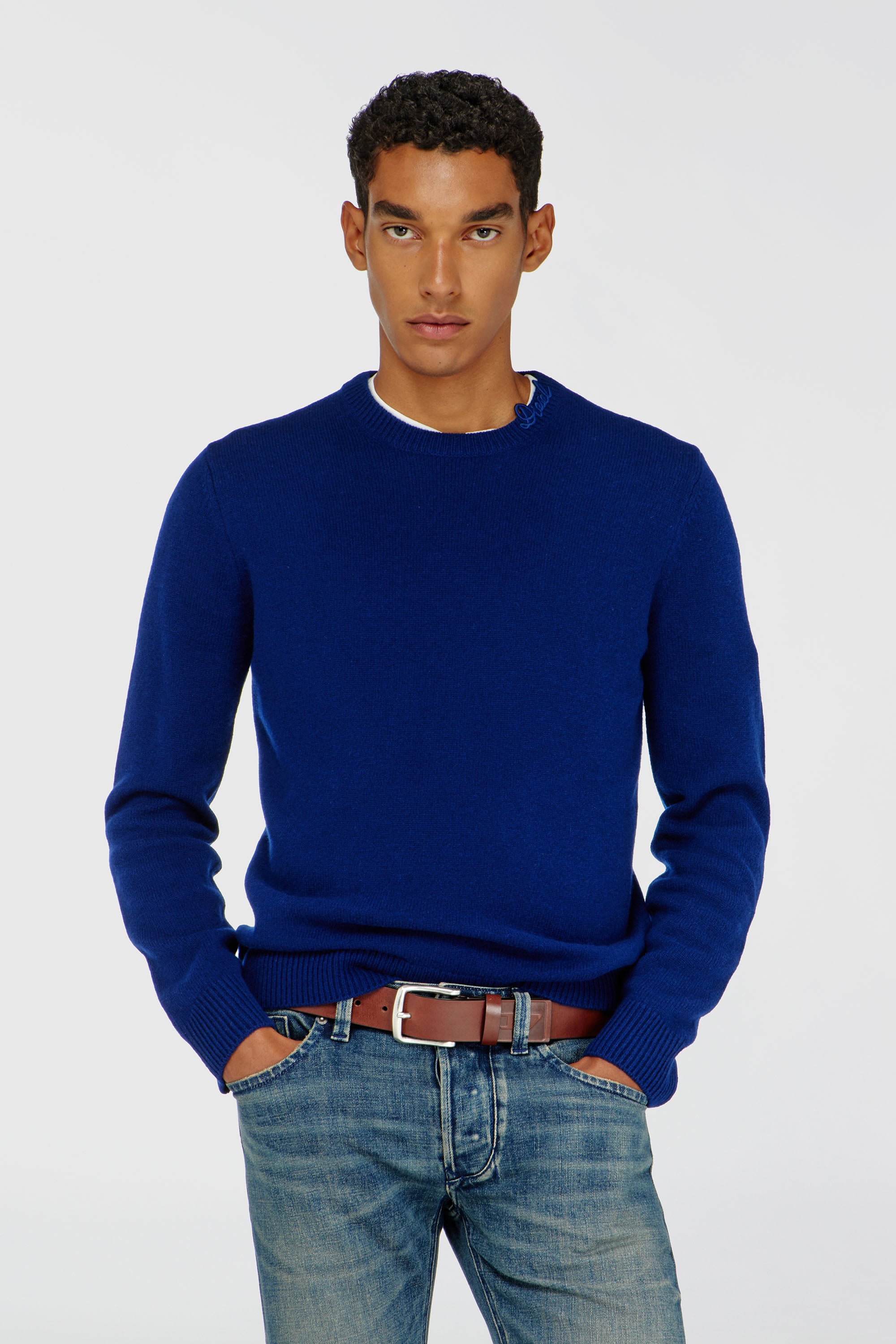 Diesel - K-IMBRO, Man's Wool jumper with neck logo in Blue - 1
