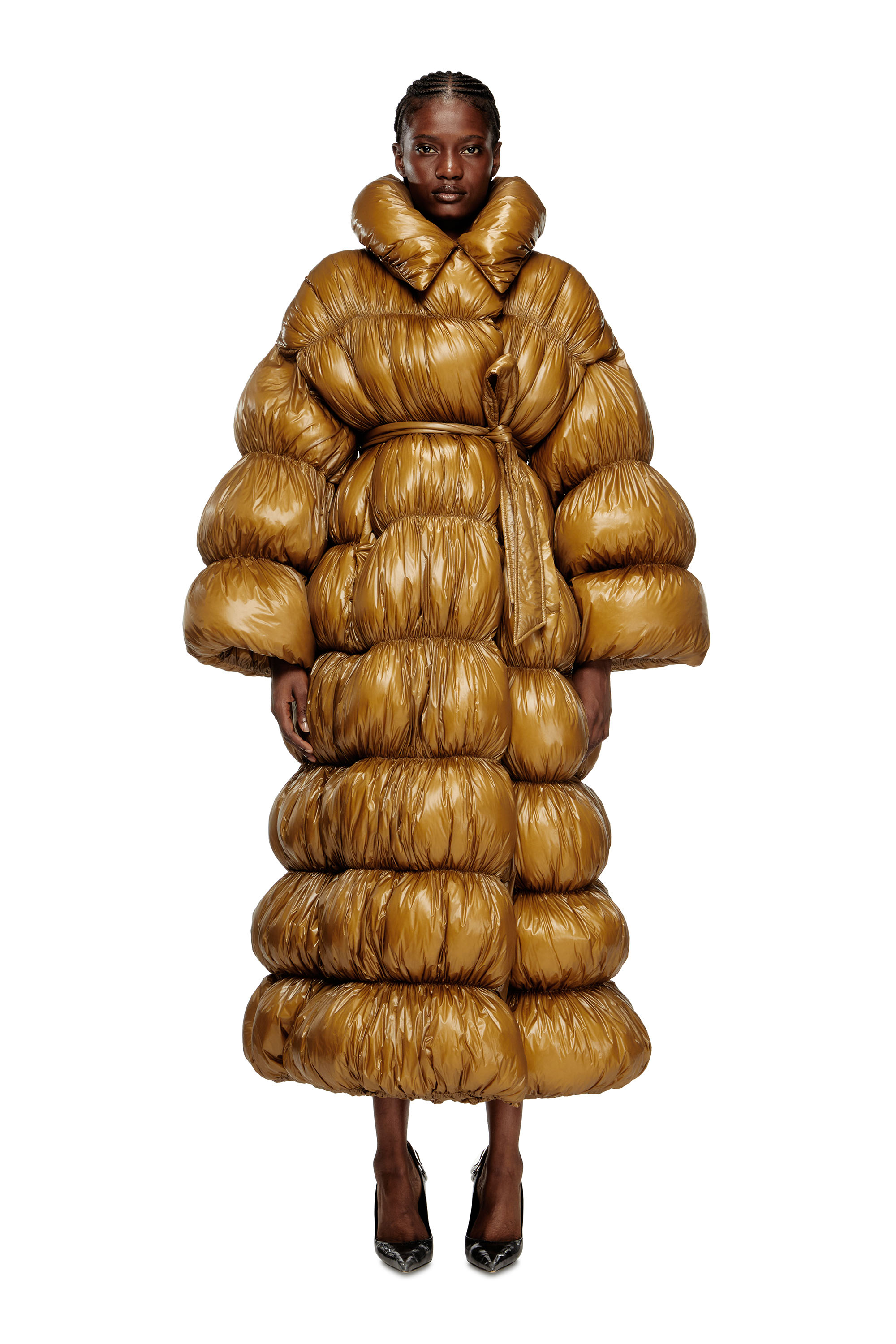 Diesel - W-INONA-LONG, Woman's Quilted down coat with belt in Brown - 1