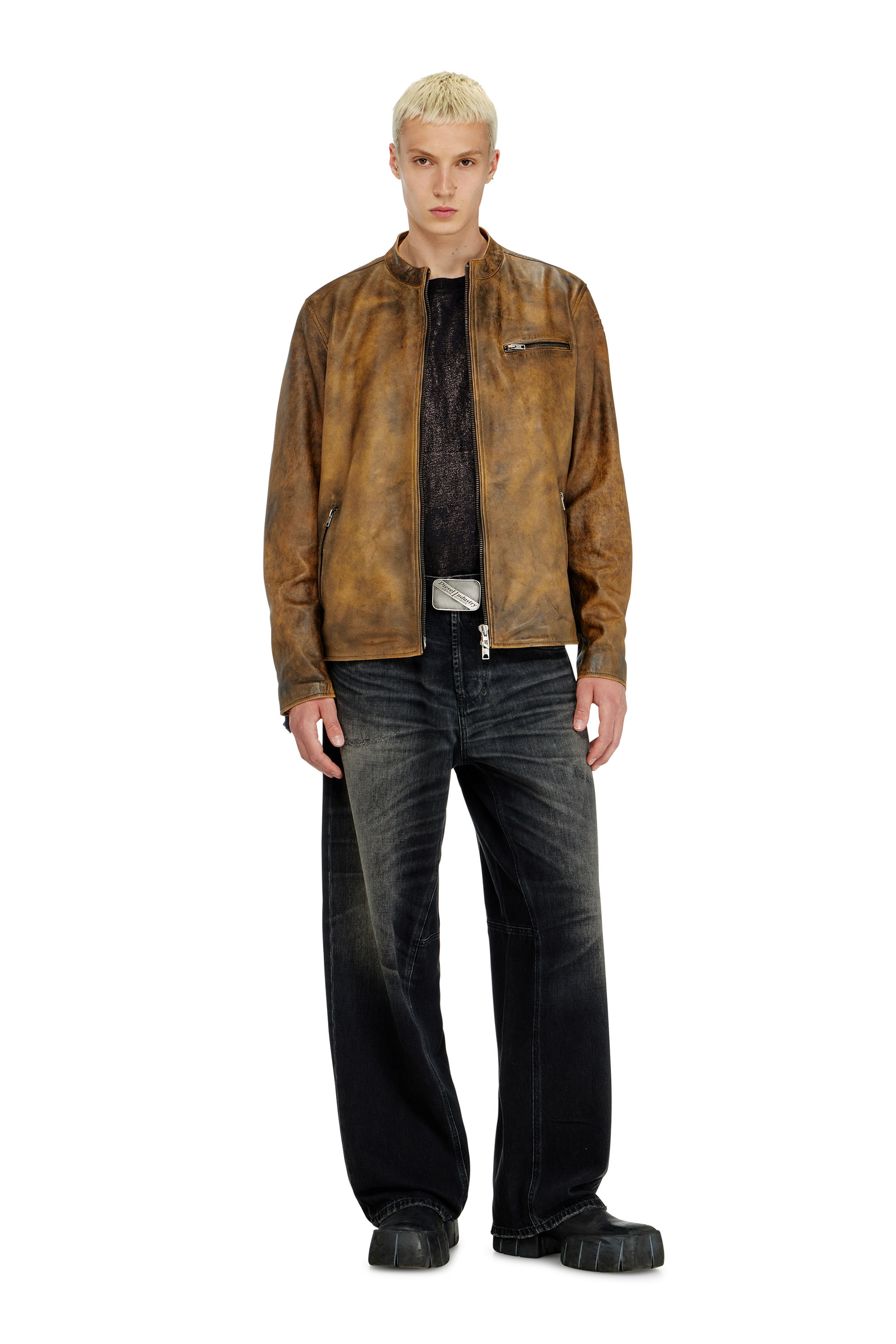 Diesel - L-ZAD-KNCZ, Man's Biker jacket in treated leather in null - 2