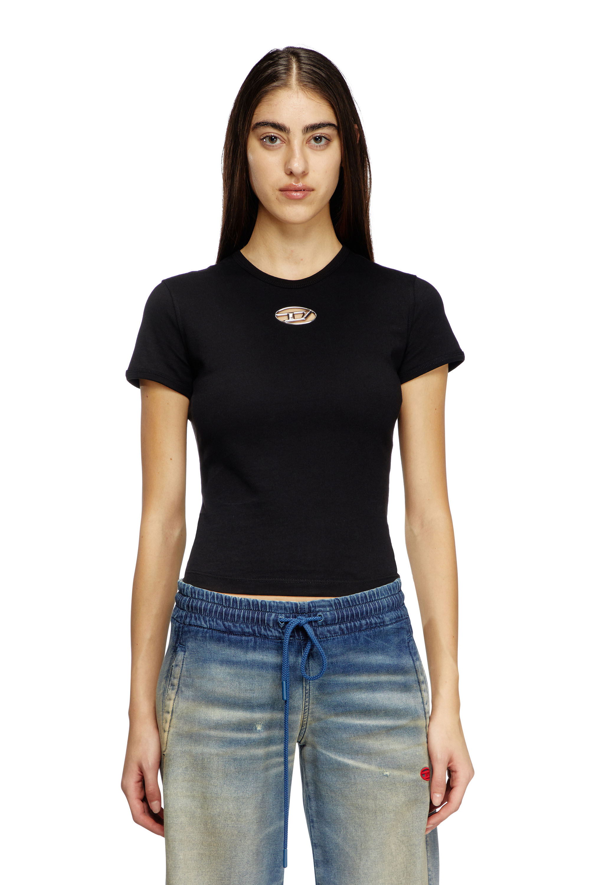 Diesel - T-UNCUTIE-LONG-OD-Q1, Woman's Slim fit T-shirt with cut-out Oval D in Black - 1