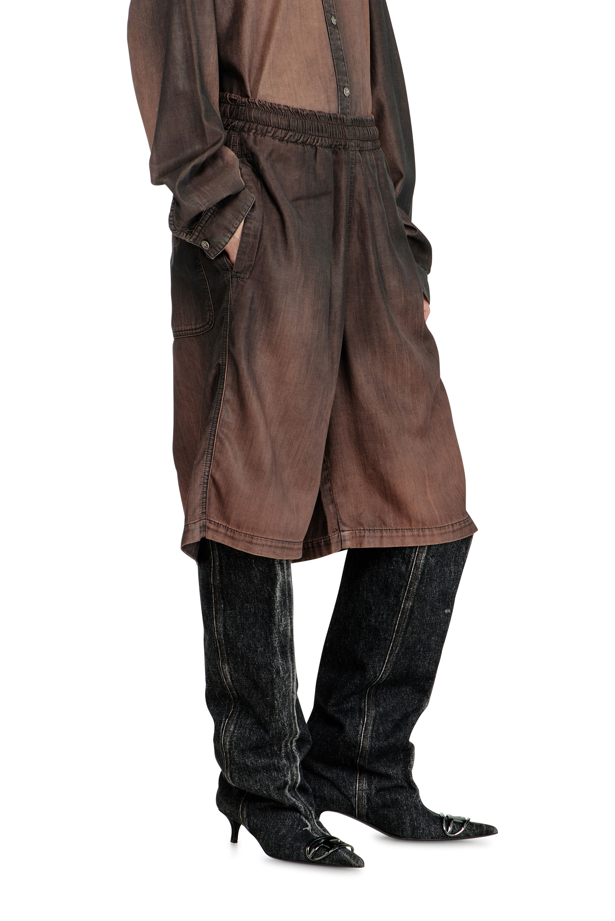 Diesel - D-RODER-SHORT-S, Unisex's Relaxed bermuda shorts in fluid coated denim in Dark Brown - 2