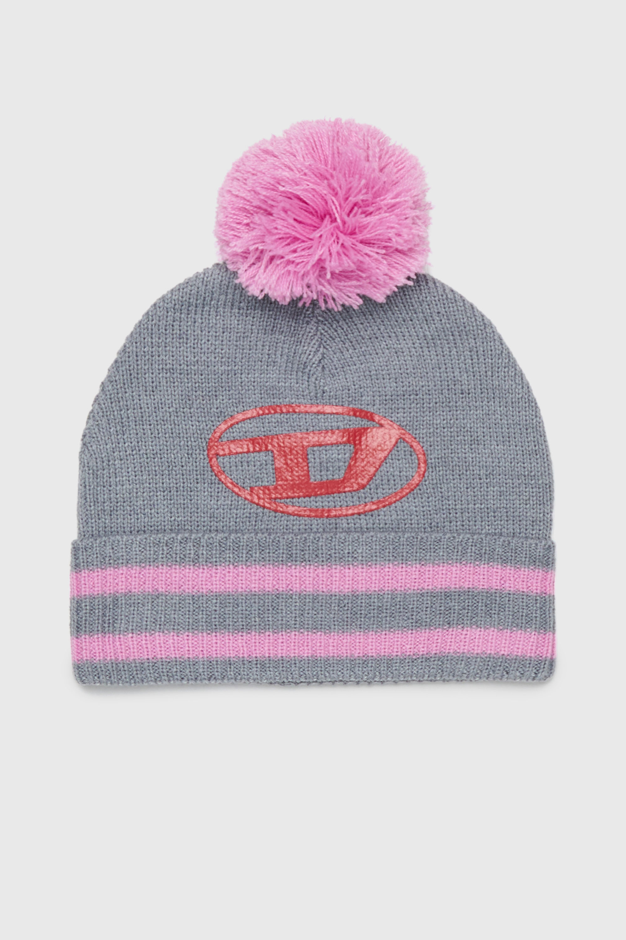 Diesel - FUTEEB, Unisex's Striped pom-pom beanie in wool blend in Grey/Pink - 1