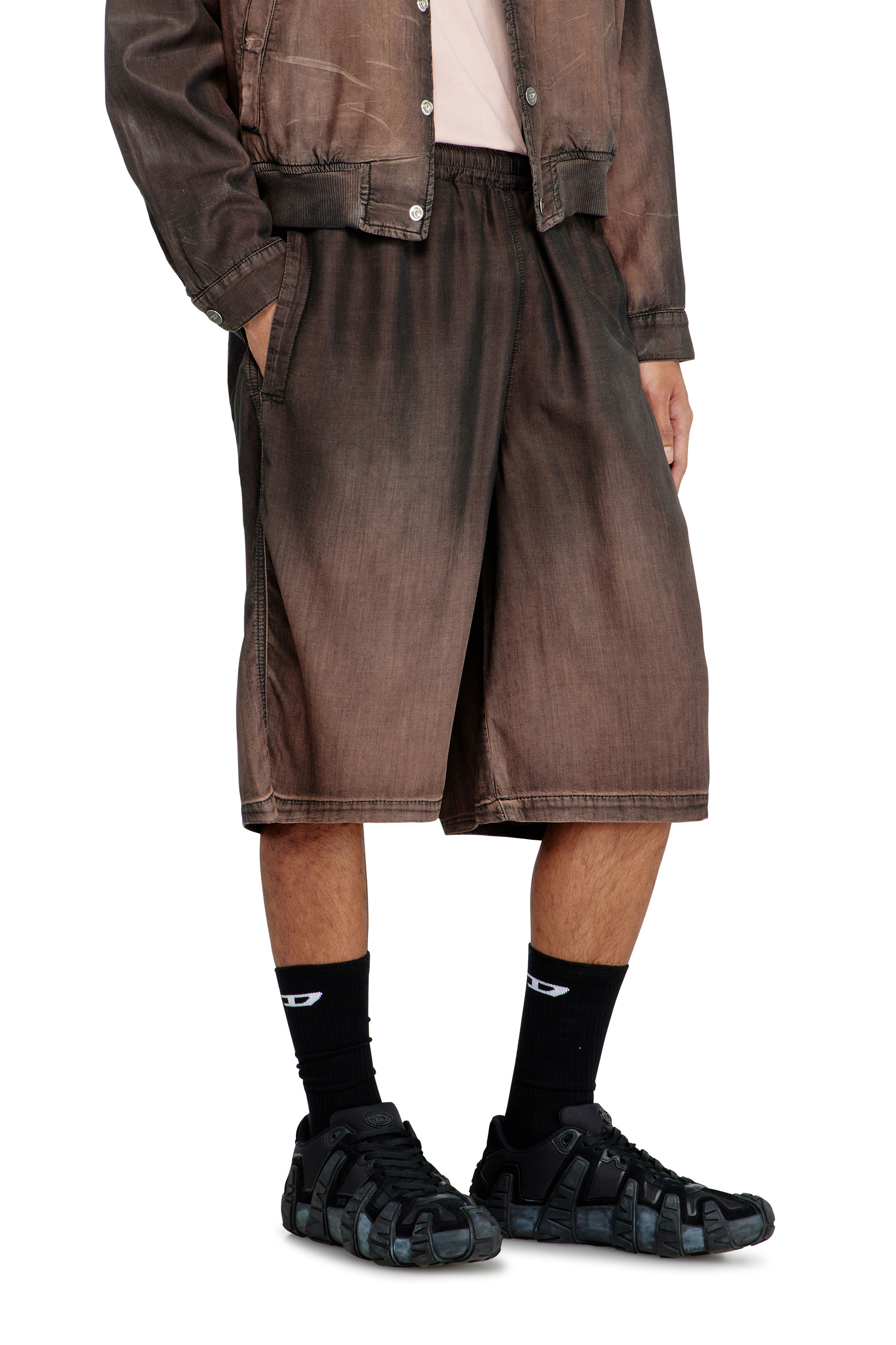 Diesel - D-RODER-SHORT-S, Unisex's Relaxed bermuda shorts in fluid coated denim in Dark Brown - 7