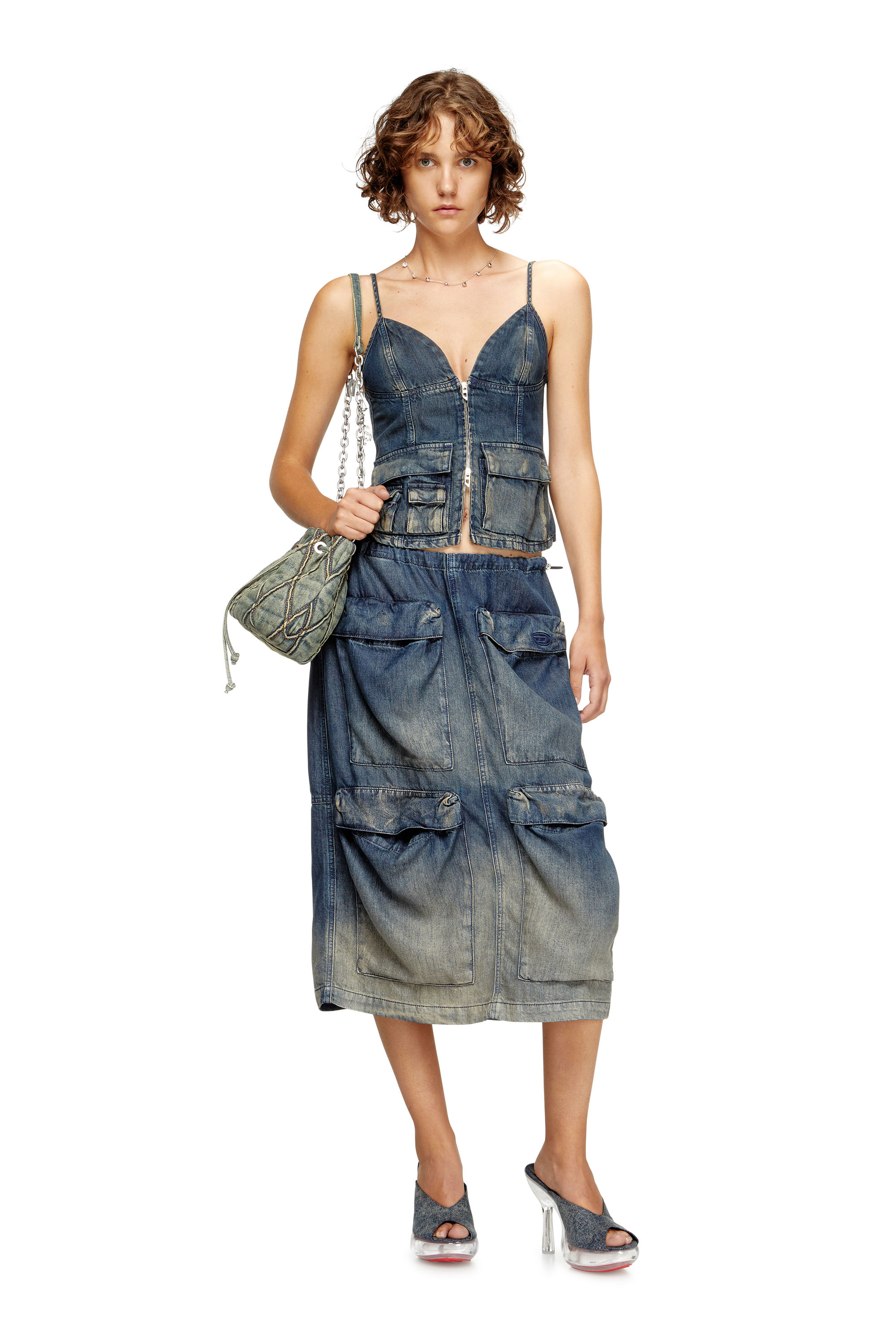 DE-MEGI-S, Dark Blue Diesel - DE-MEGI-S, Woman's Midi skirt in gradient fluid denim in Dark Blue - 1