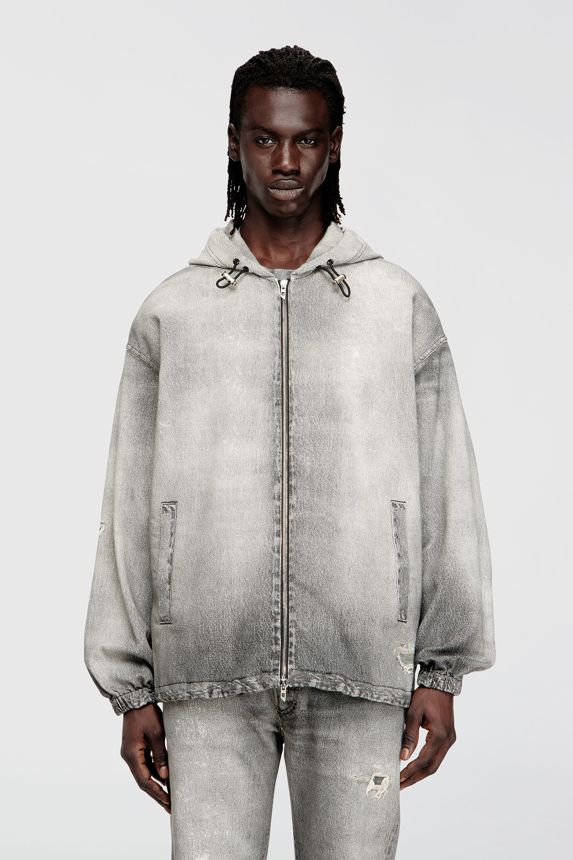 Diesel - D-WYNNY JOGG, Man's Hooded jacket in trompe l'oeil JoggJeans in Grey - 3