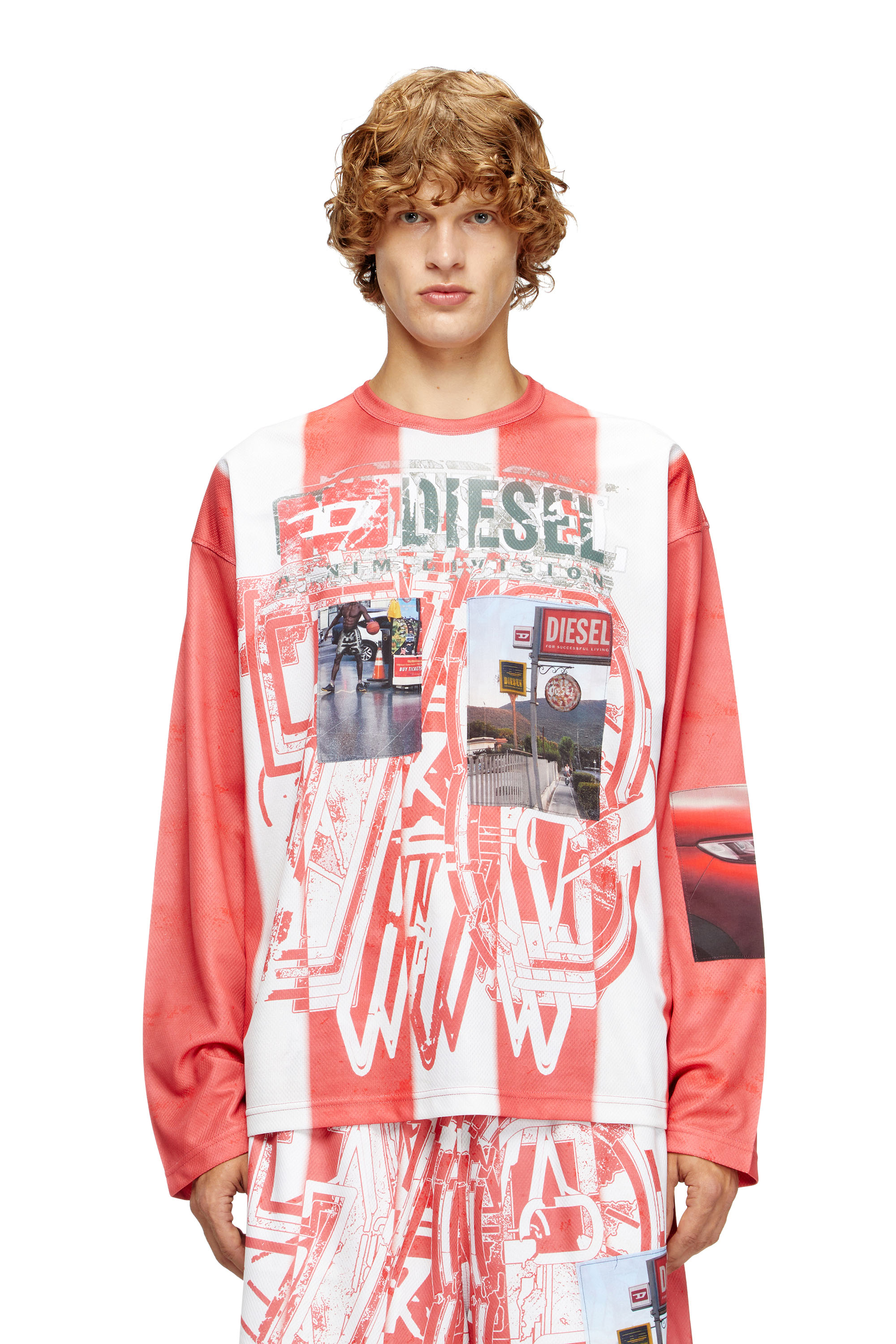 Diesel - T-RUBY, Man's Striped long-sleeve T-shirt with photo patches in Red/White - 1