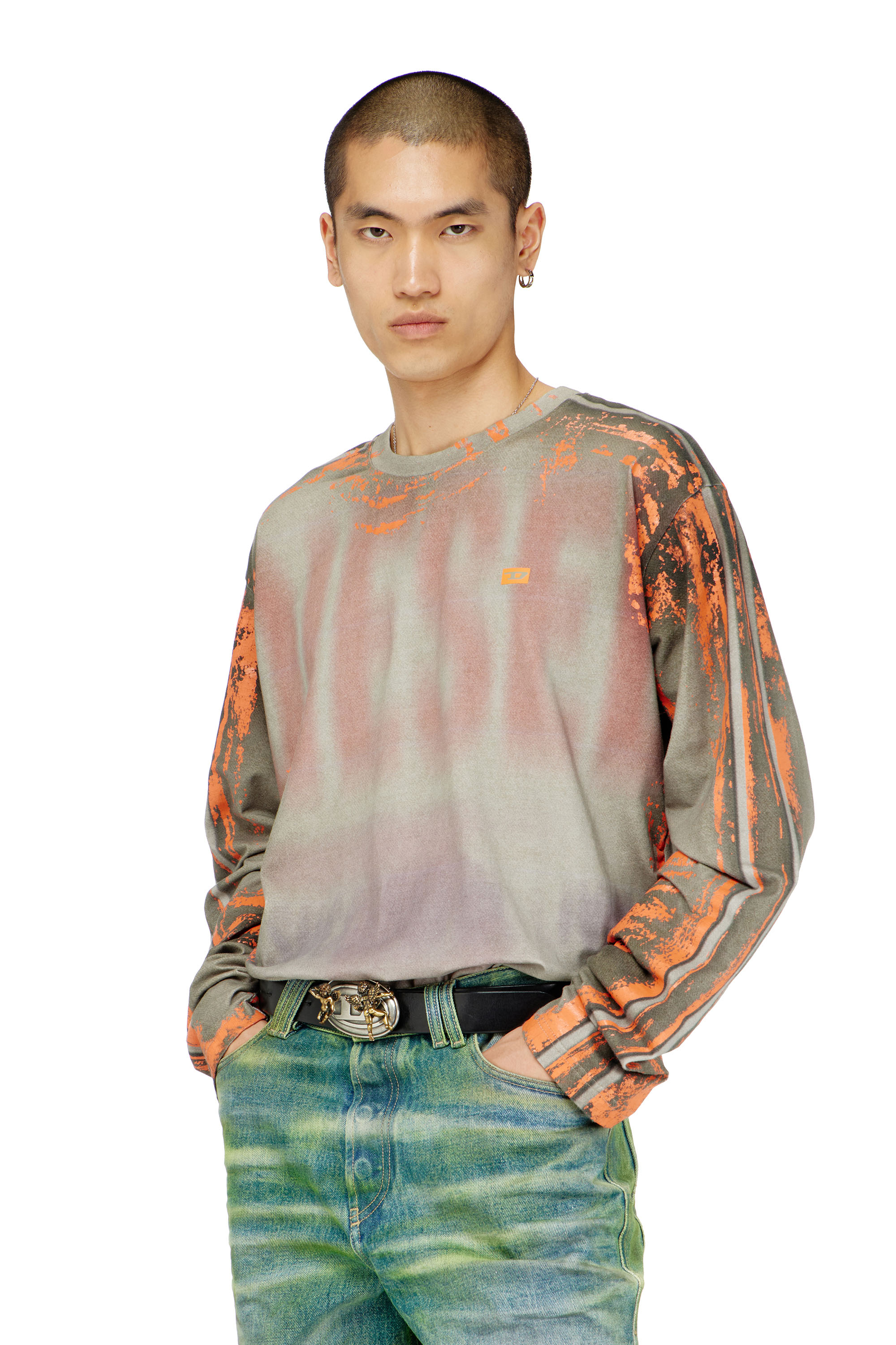 Diesel - T-FILMY, Man's Long-sleeve T-shirt in cracked jersey in Pink/Grey - 3