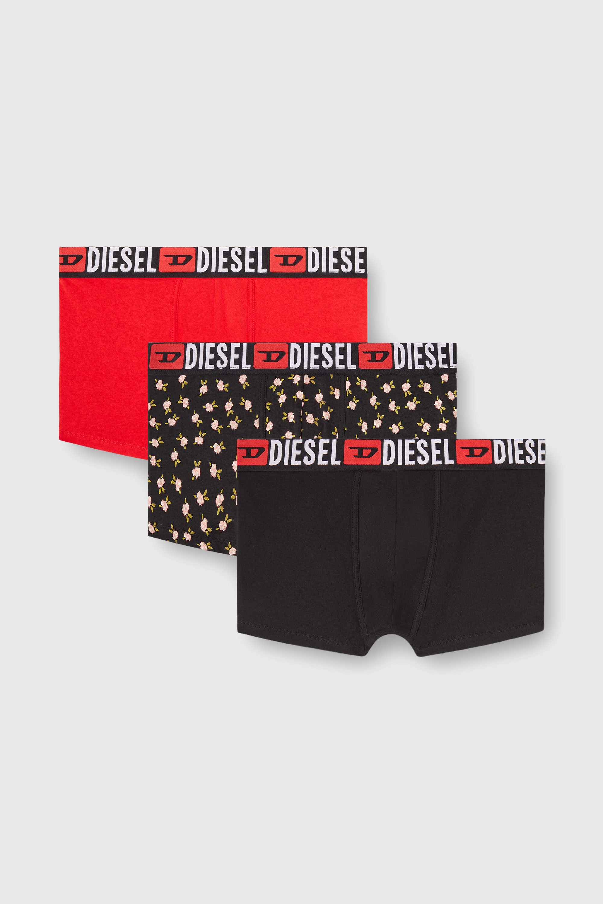 Diesel - UMBX-DAMIENTHREEPACK, Man's Three-pack of stretch cotton trunks with floral print in Black/Red - 1