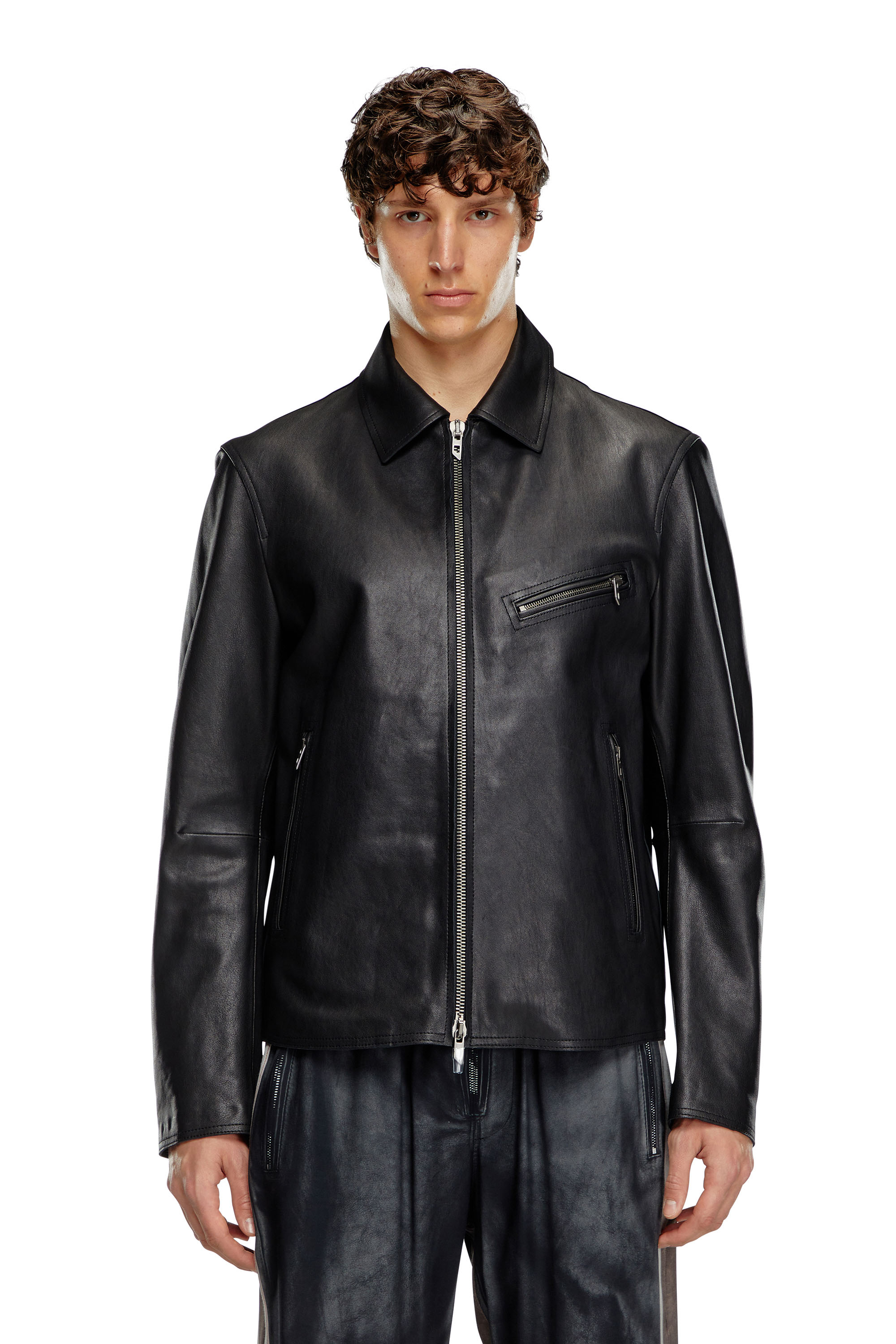 Diesel - L-KORN-A, Man's Leather jacket with embossed Oval D in Black - 1