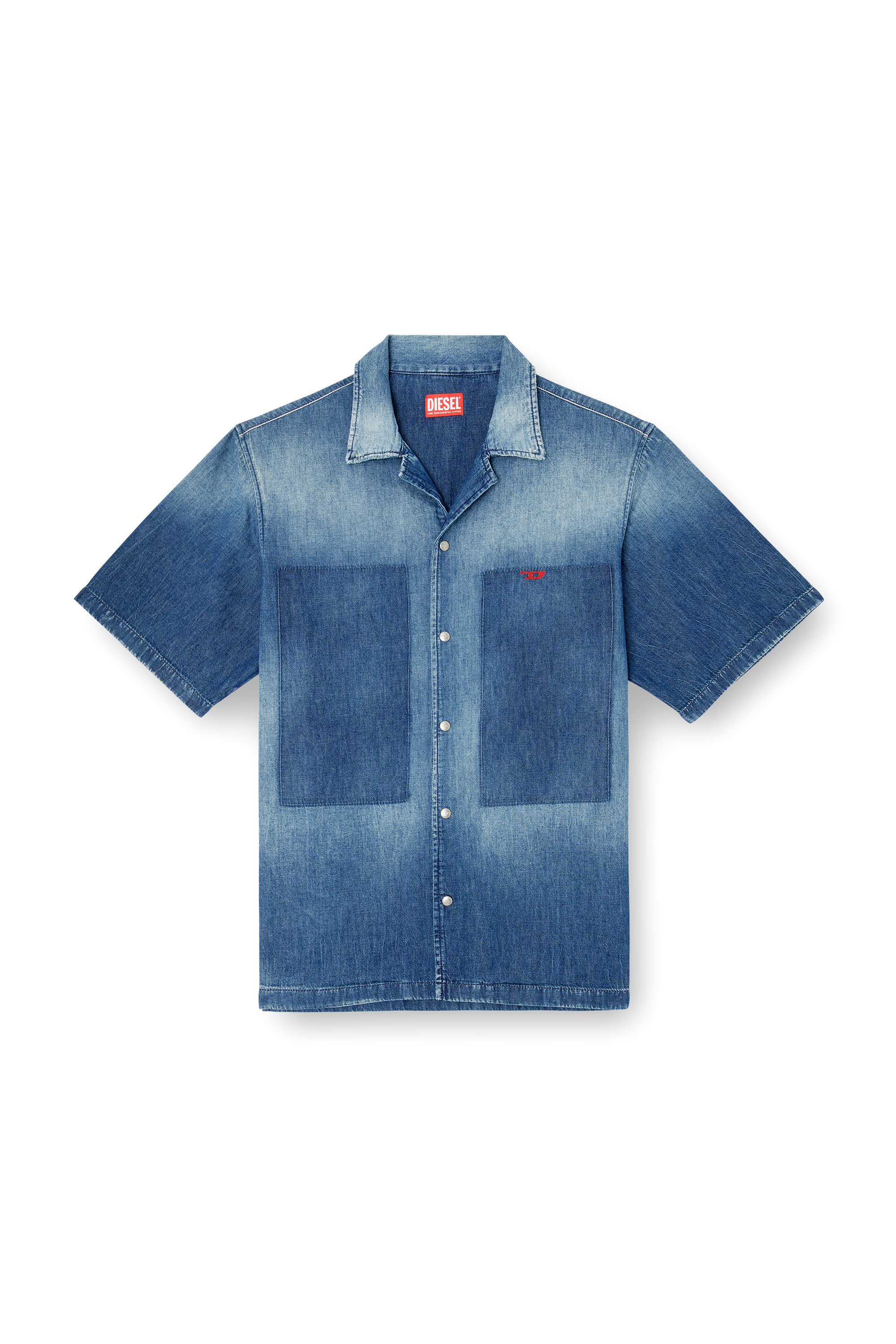 Diesel - D-NABIL-D, Man's Bowling shirt in contrast-effect denim in Medium blue - 2