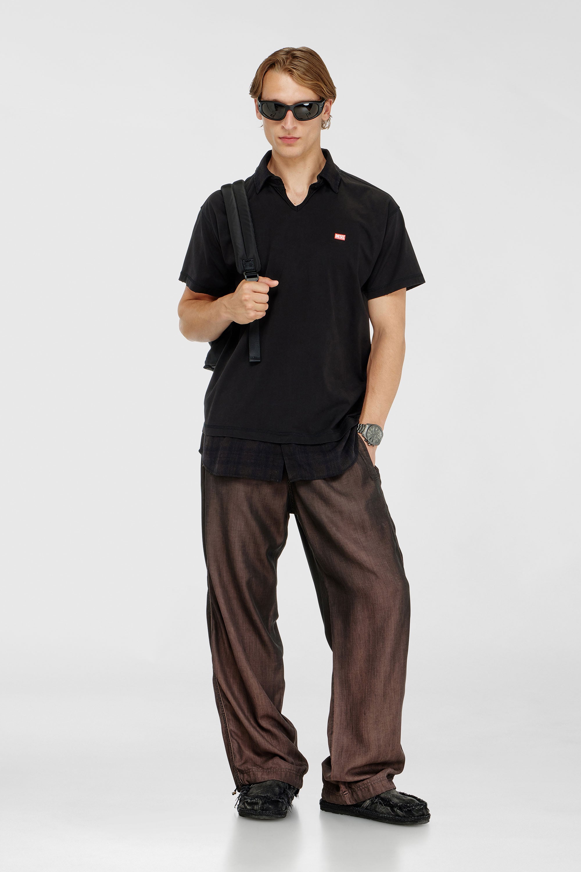 Diesel - T-ANSEL, Man's Jersey polo shirt with check flannel trims in Black - 2