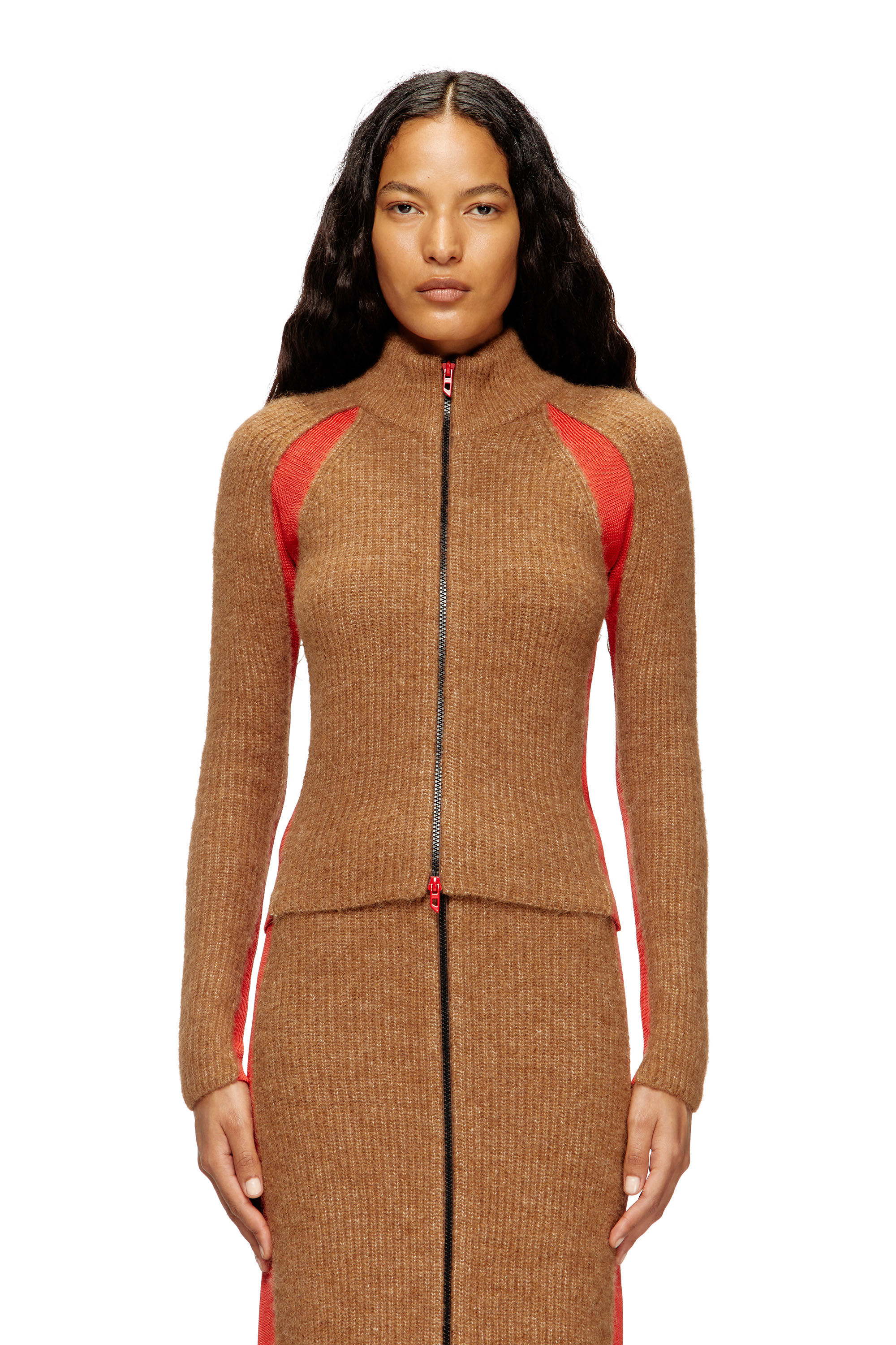 Diesel - M-LOUISE, Woman's Alpaca-blend cardigan with contrast inserts in Brown - 3