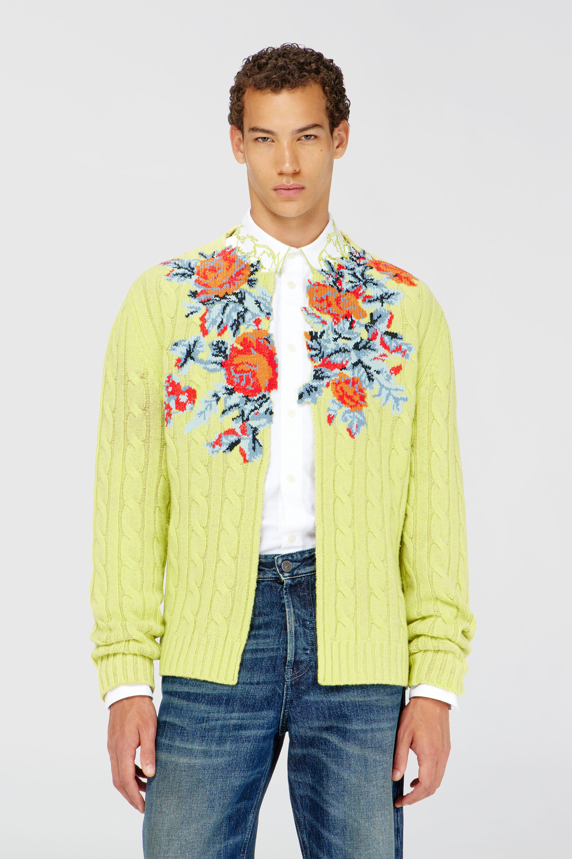 Diesel - K-RINO, Man's Open-front cardigan in floral cable knit in Yellow Fluo - 1